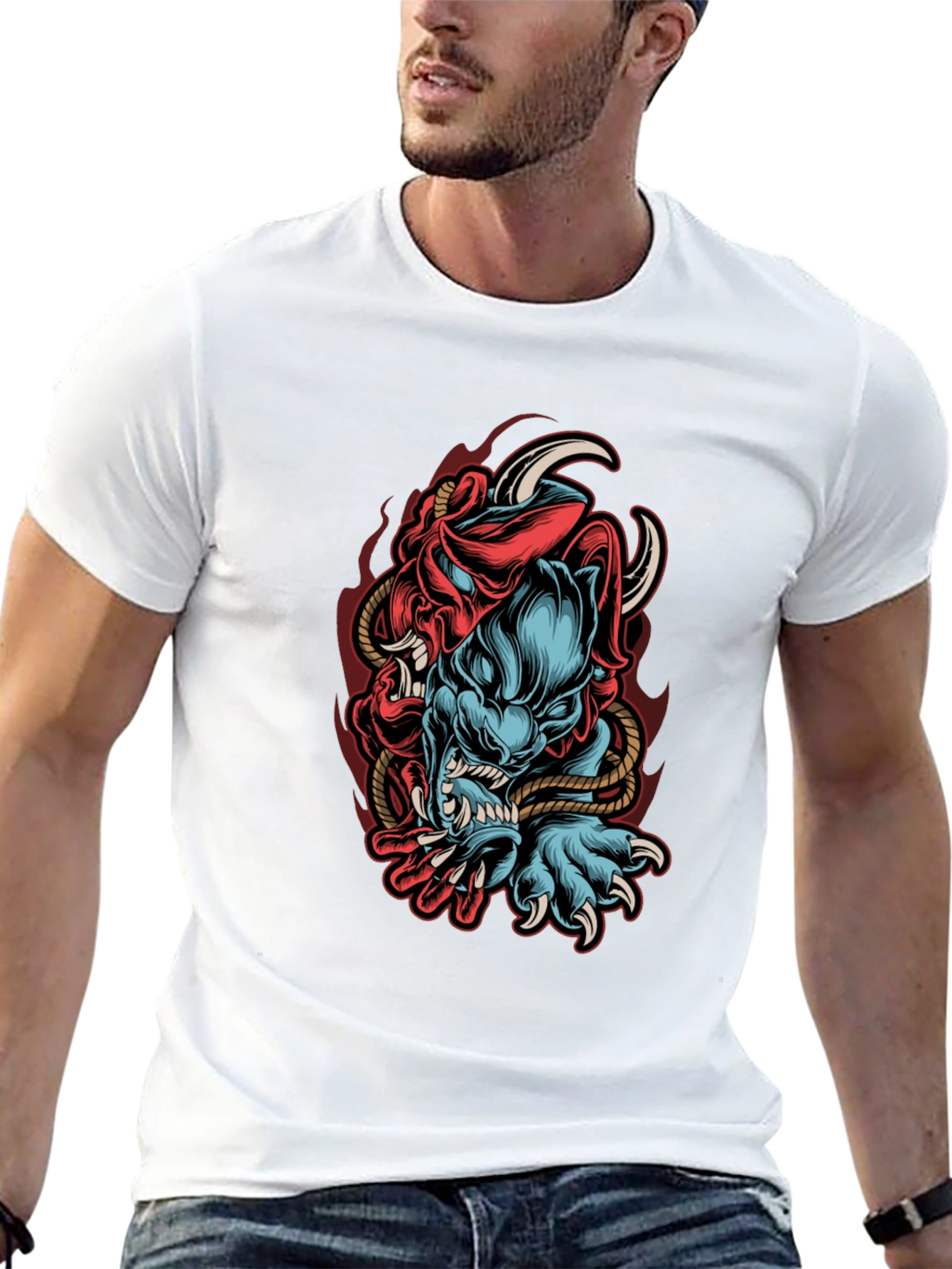 Mens Black Graphic Tee - Oni Demon Design