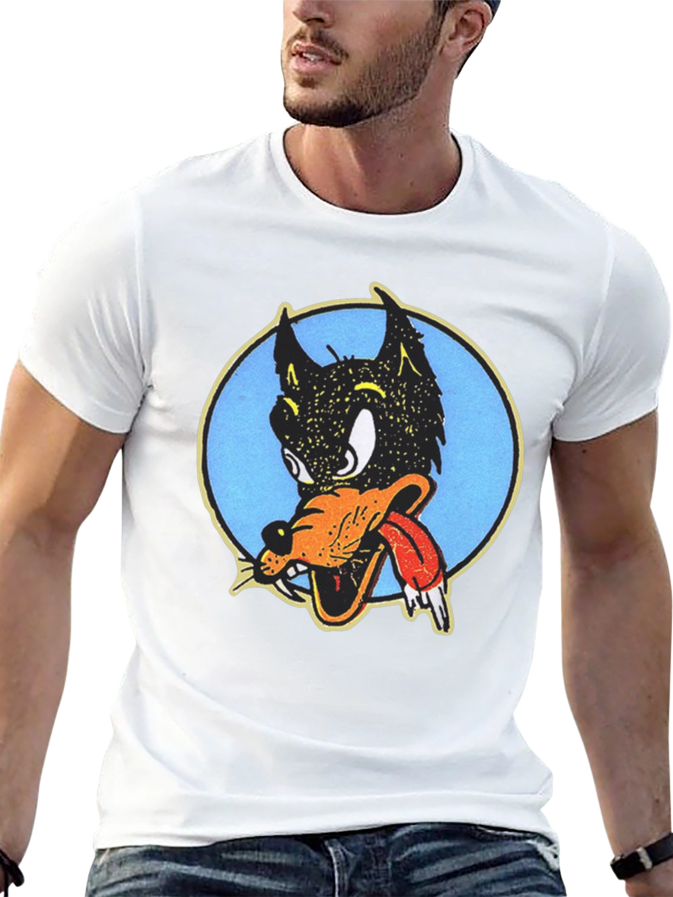 Cartoon Wolf Graphic Tee - Black Cotton T-Shirt