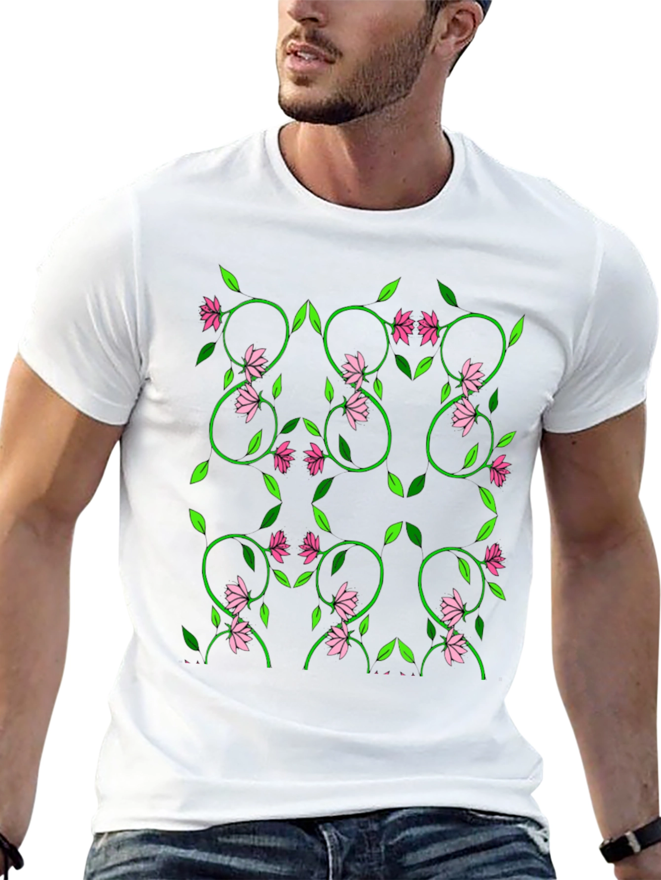 Floral Vine Pattern Black T-Shirt