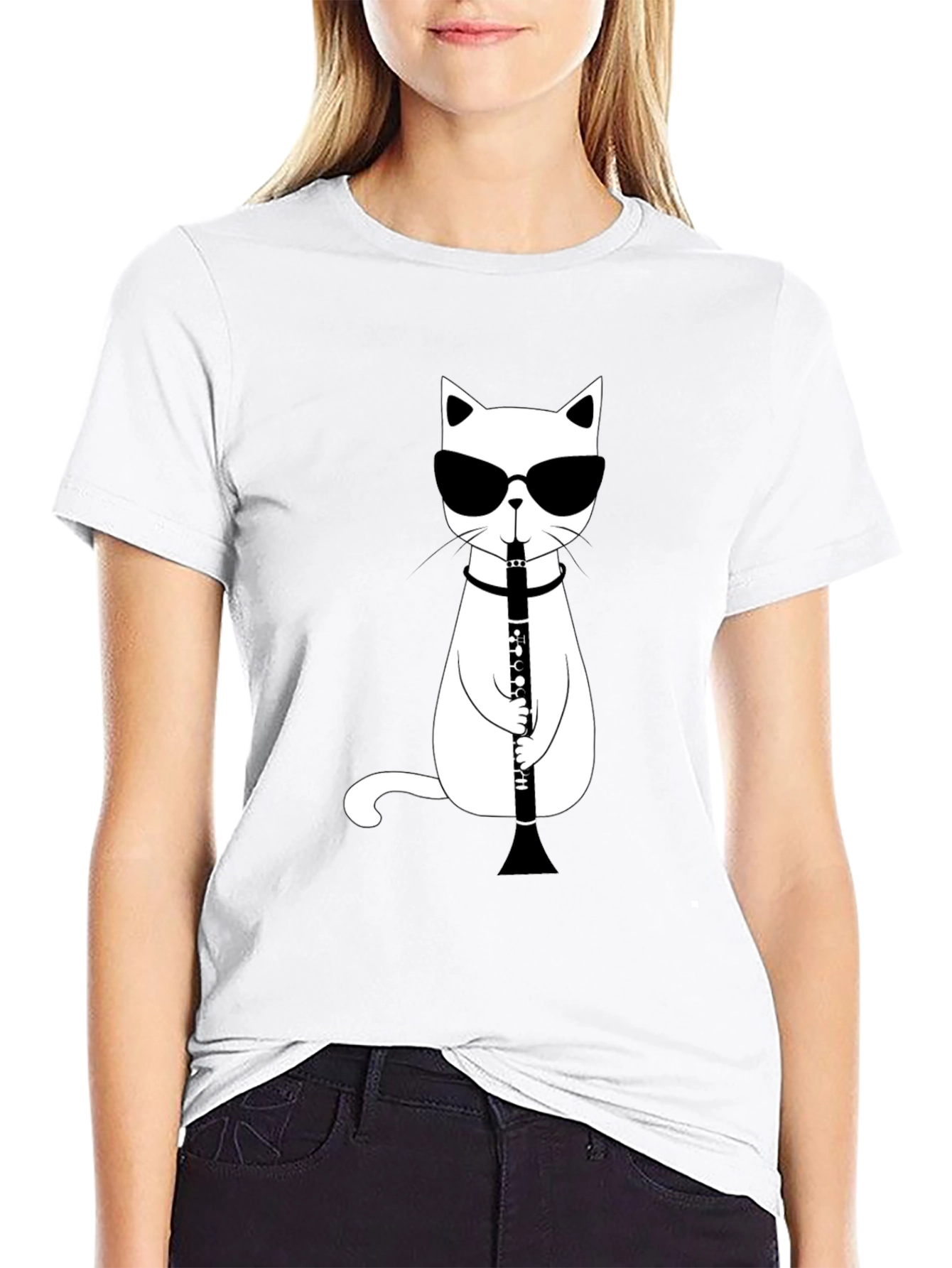 Cool Cat Clarinet Player Black T-Shirt