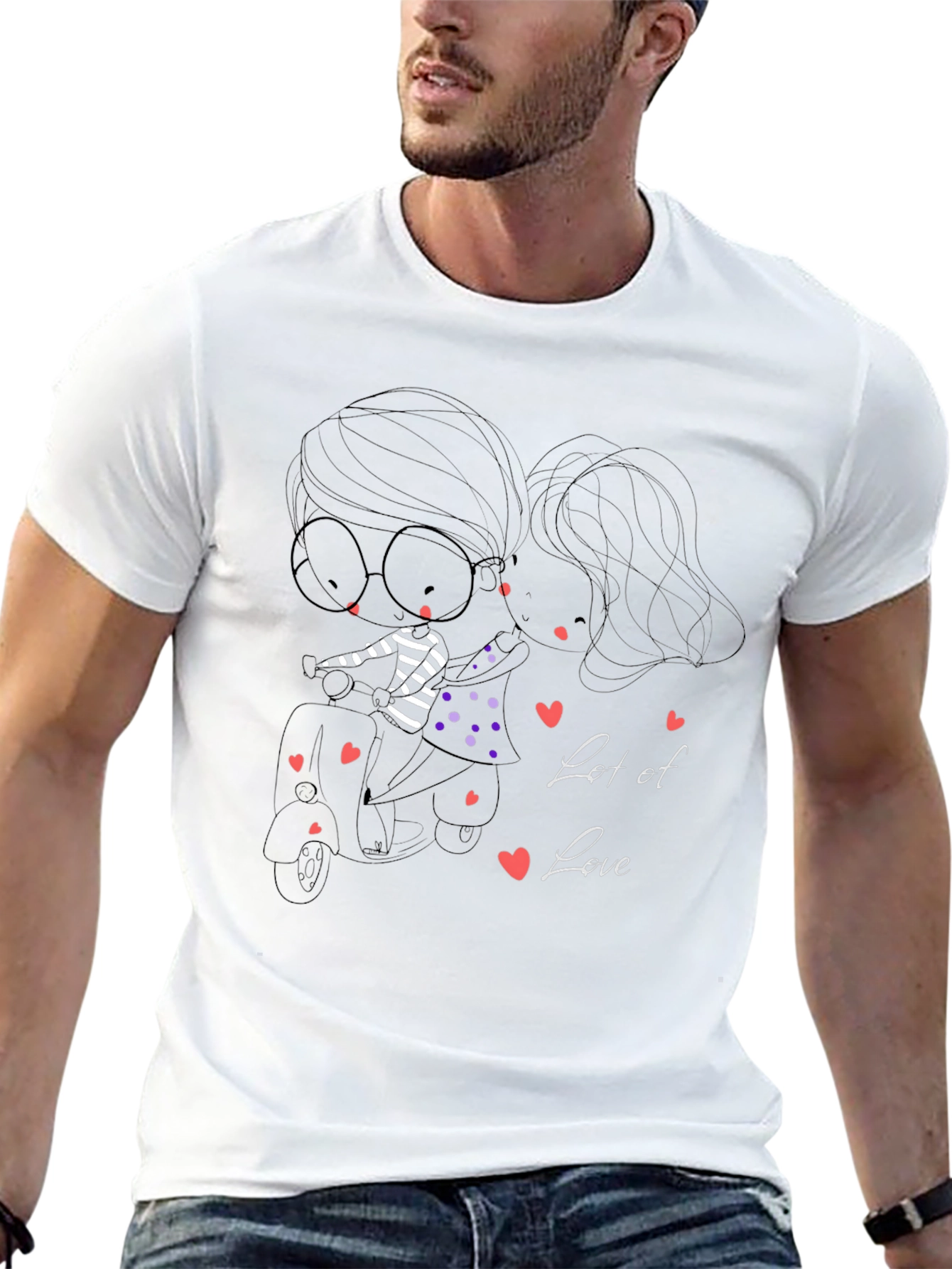 Cute Cartoon Couple Scooter Ride Black T-Shirt
