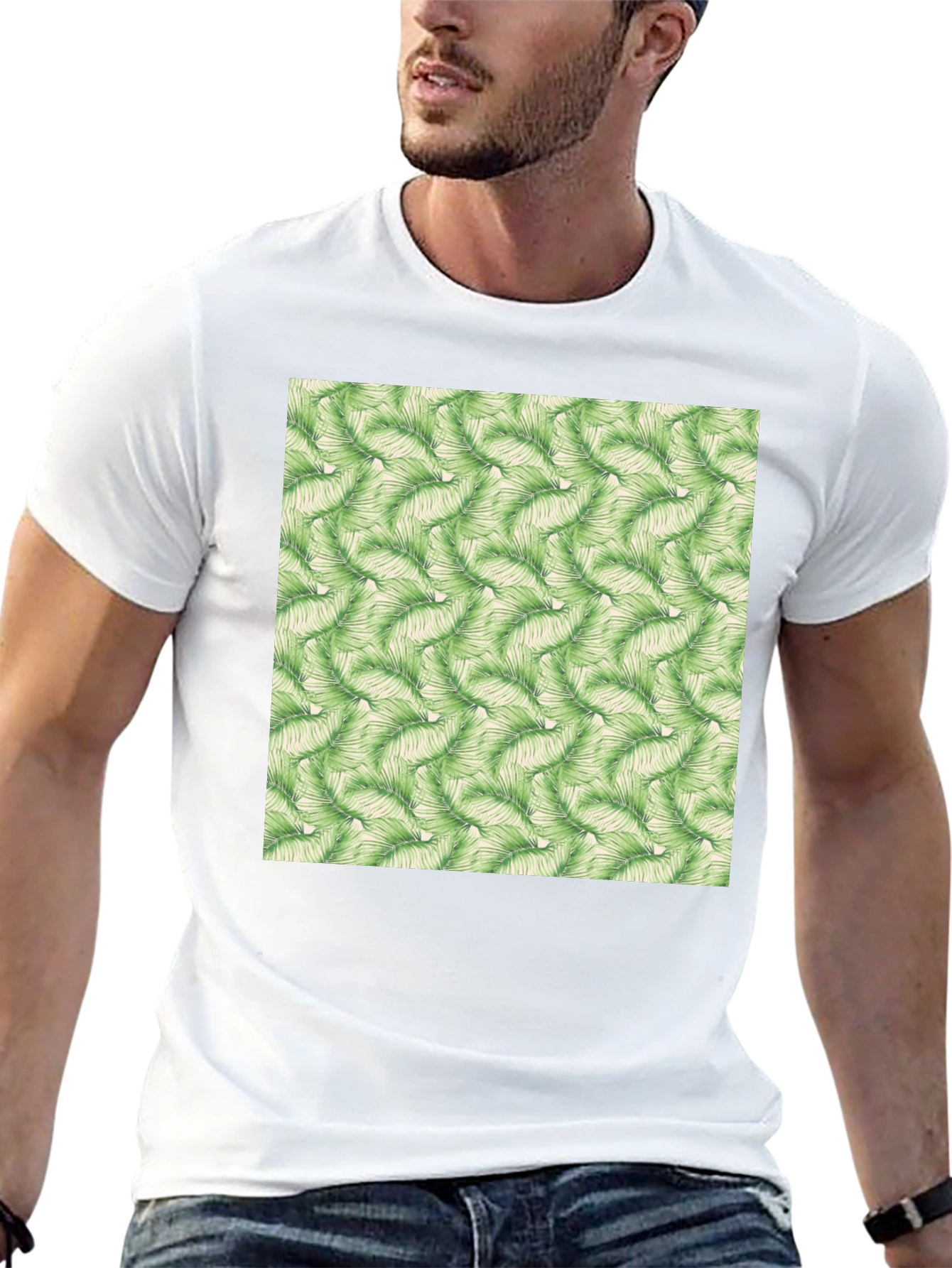 Tropical Leaves Pattern Black T-Shirt