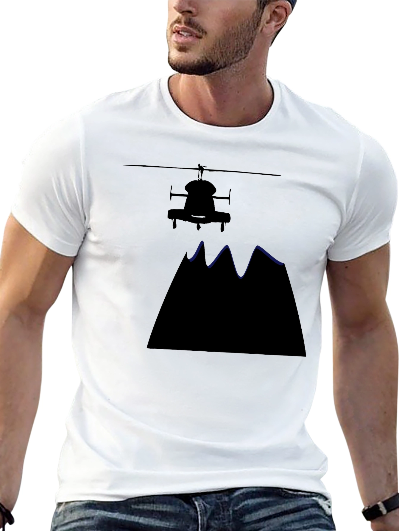 Helicopter Over Mountains Black T-Shirt