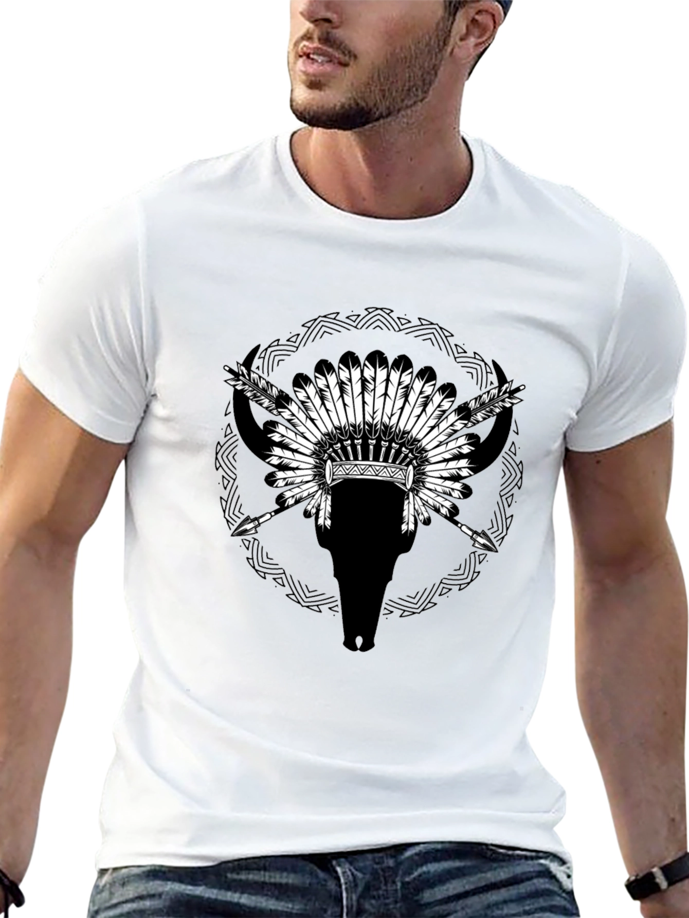 Native Headdress Bull Skull Black T-Shirt