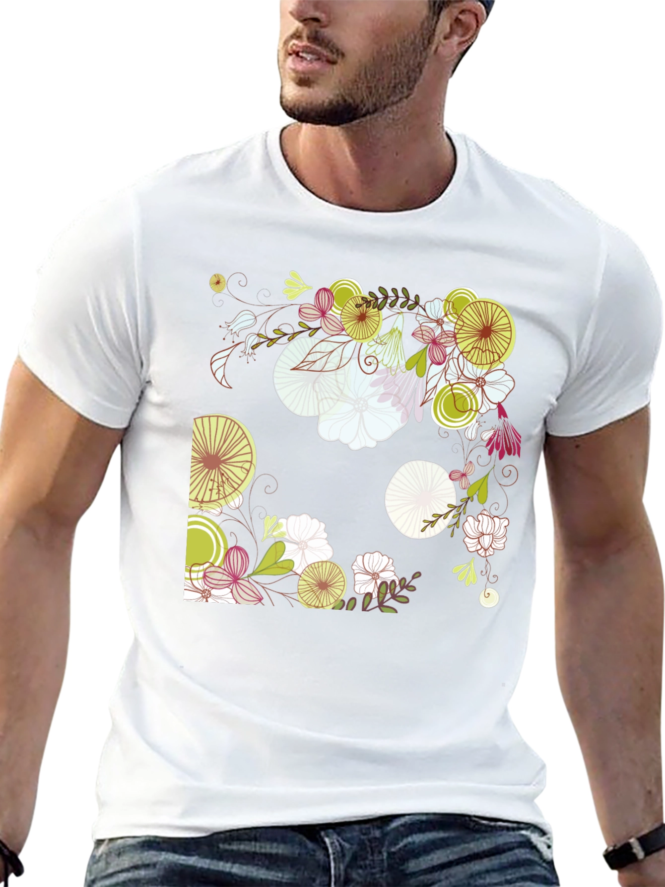 Floral Print Black Cotton T-Shirt