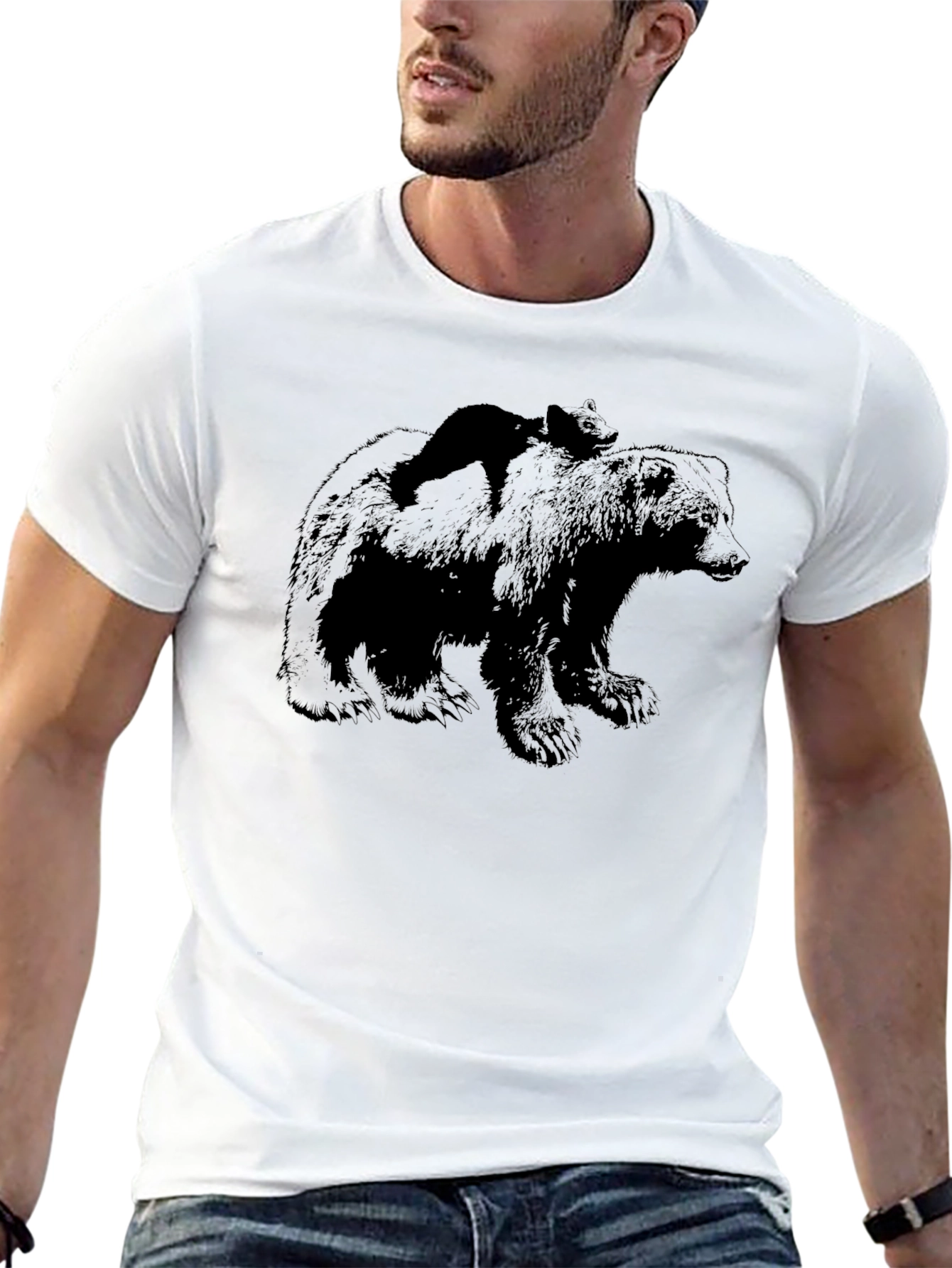 Bear & Cub Graphic Tee - Black Crewneck Shirt