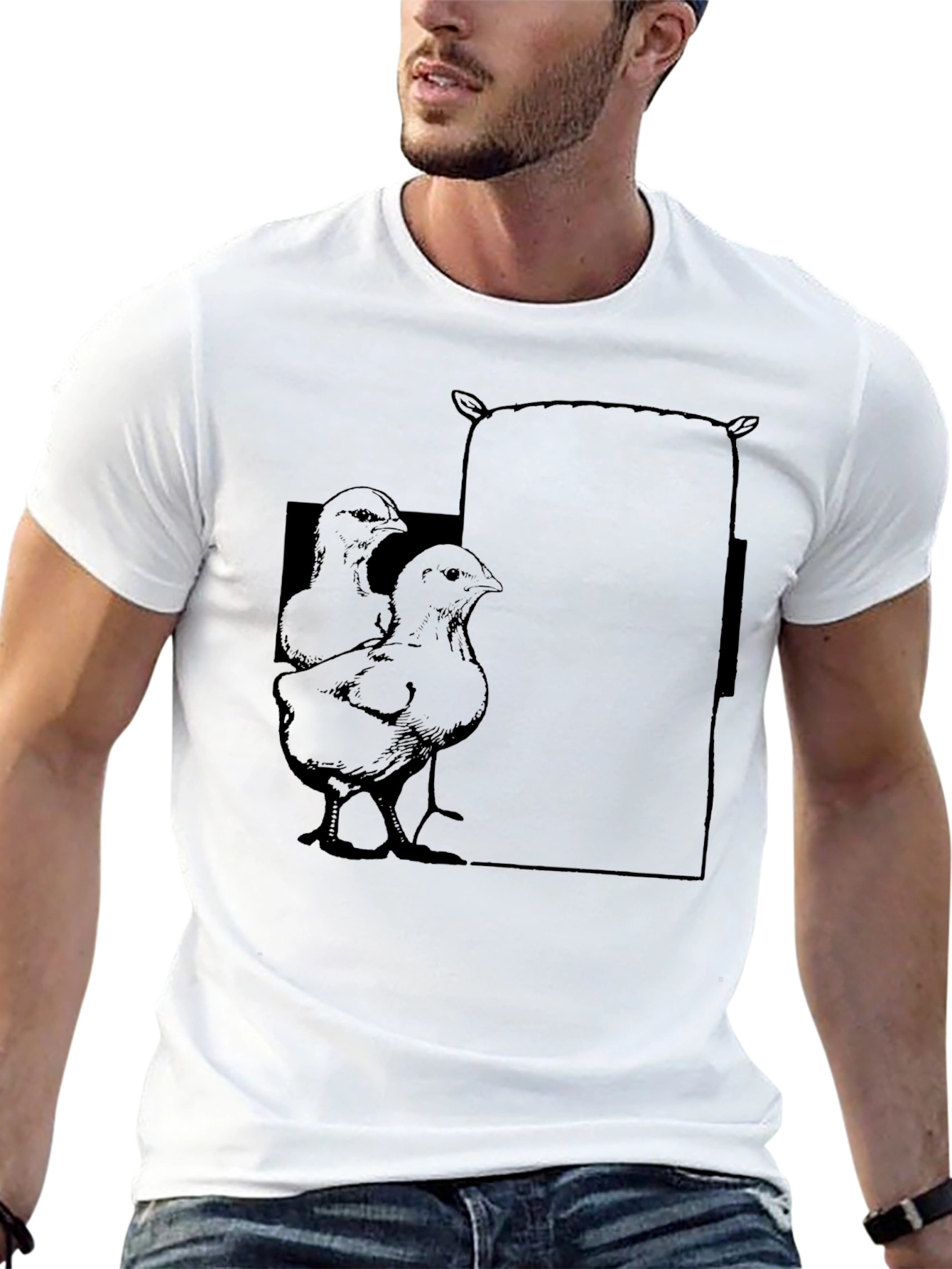 Mens Graphic Tee with Chickens and Feed Sack Design