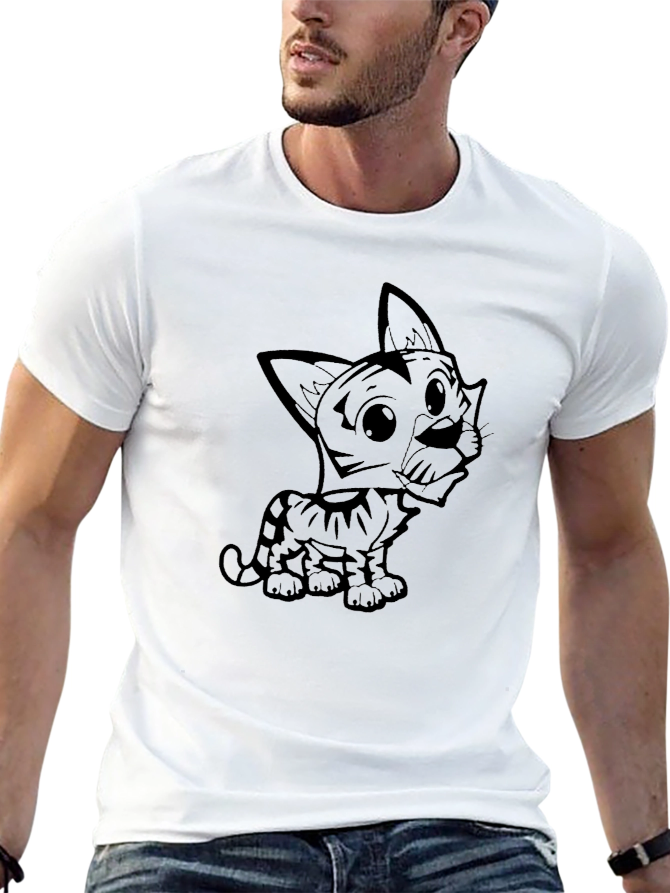 Cute Cartoon Cat Graphic Tee - Black