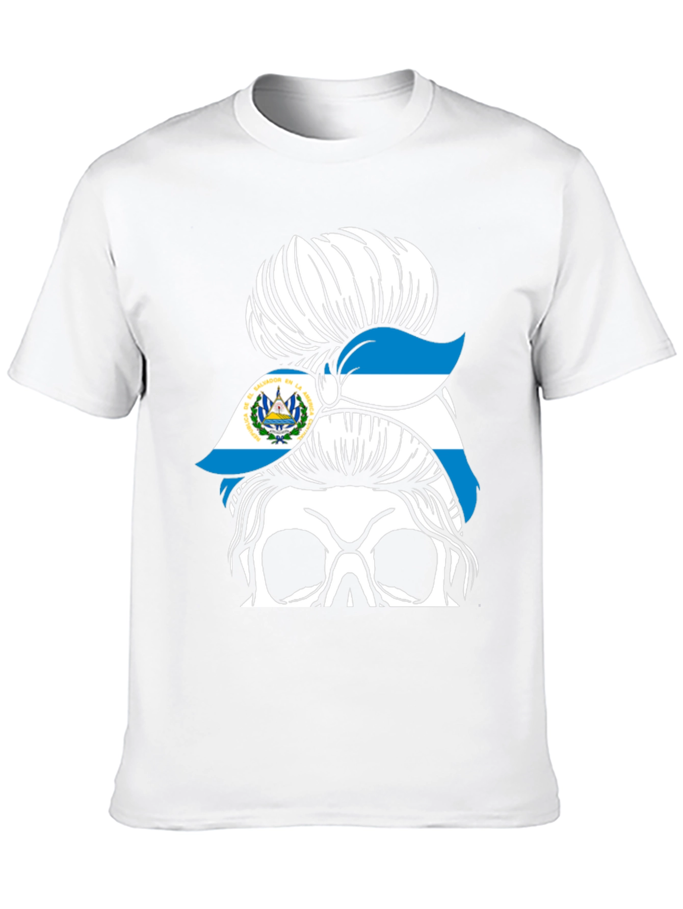 El Salvador Flag Messy Bun Skull T-Shirt