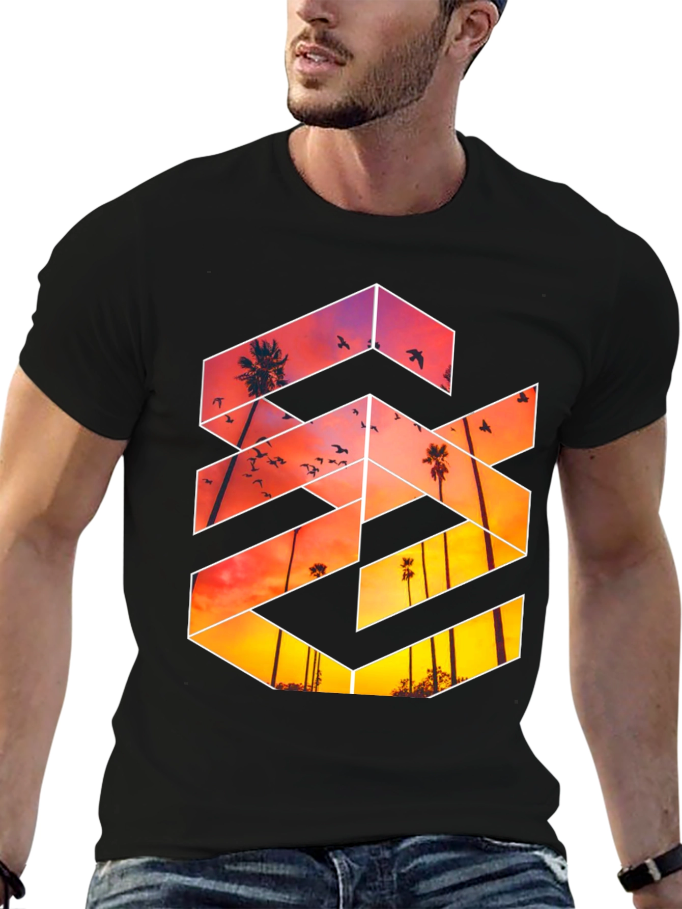 Sunset Palm Tree Graphic Tee - Black Casual T-Shirt