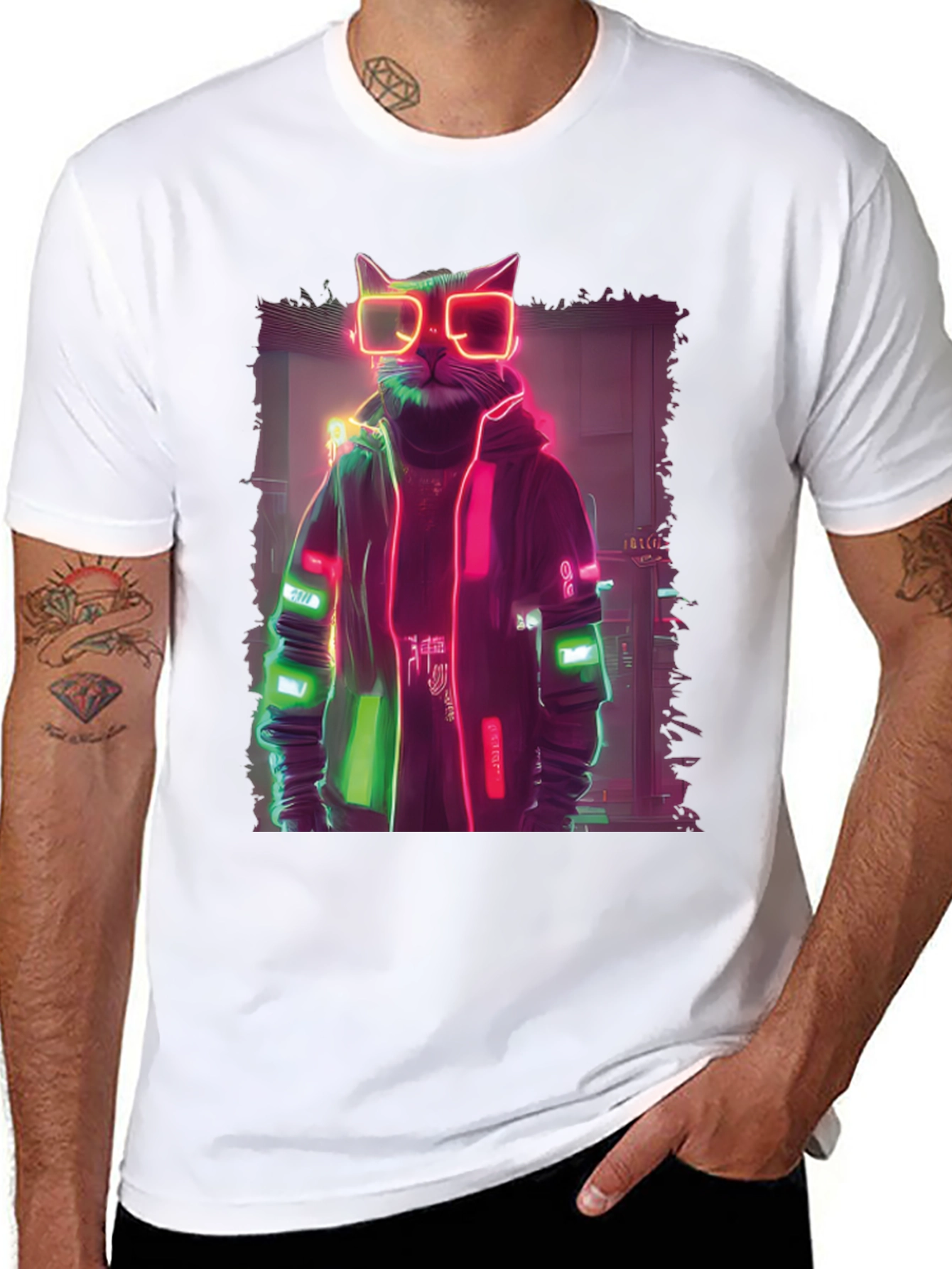 Cyberpunk Cat T-Shirt - Neon Style Graphic Tee