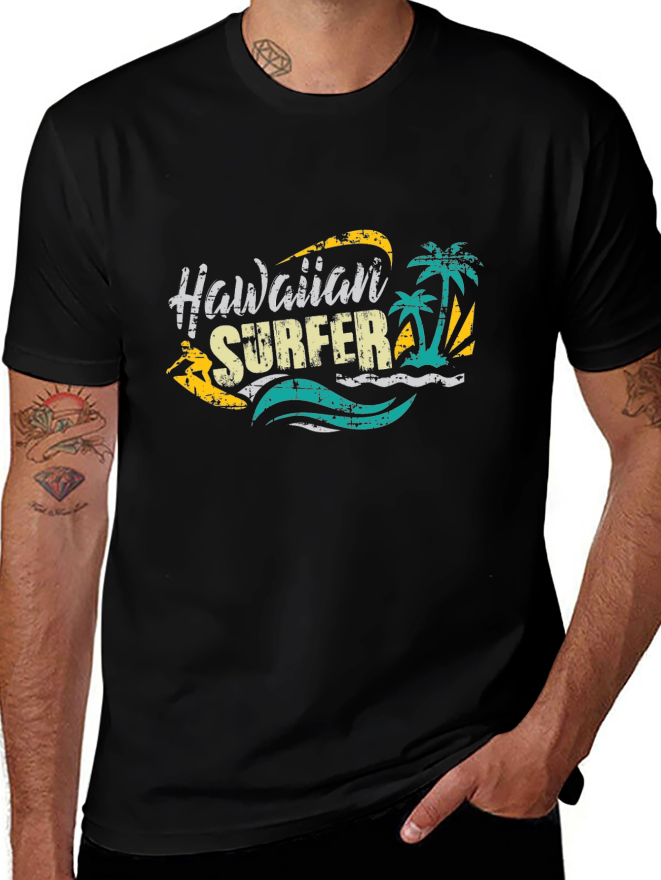 Hawaiian Surfer Graphic Black T-Shirt