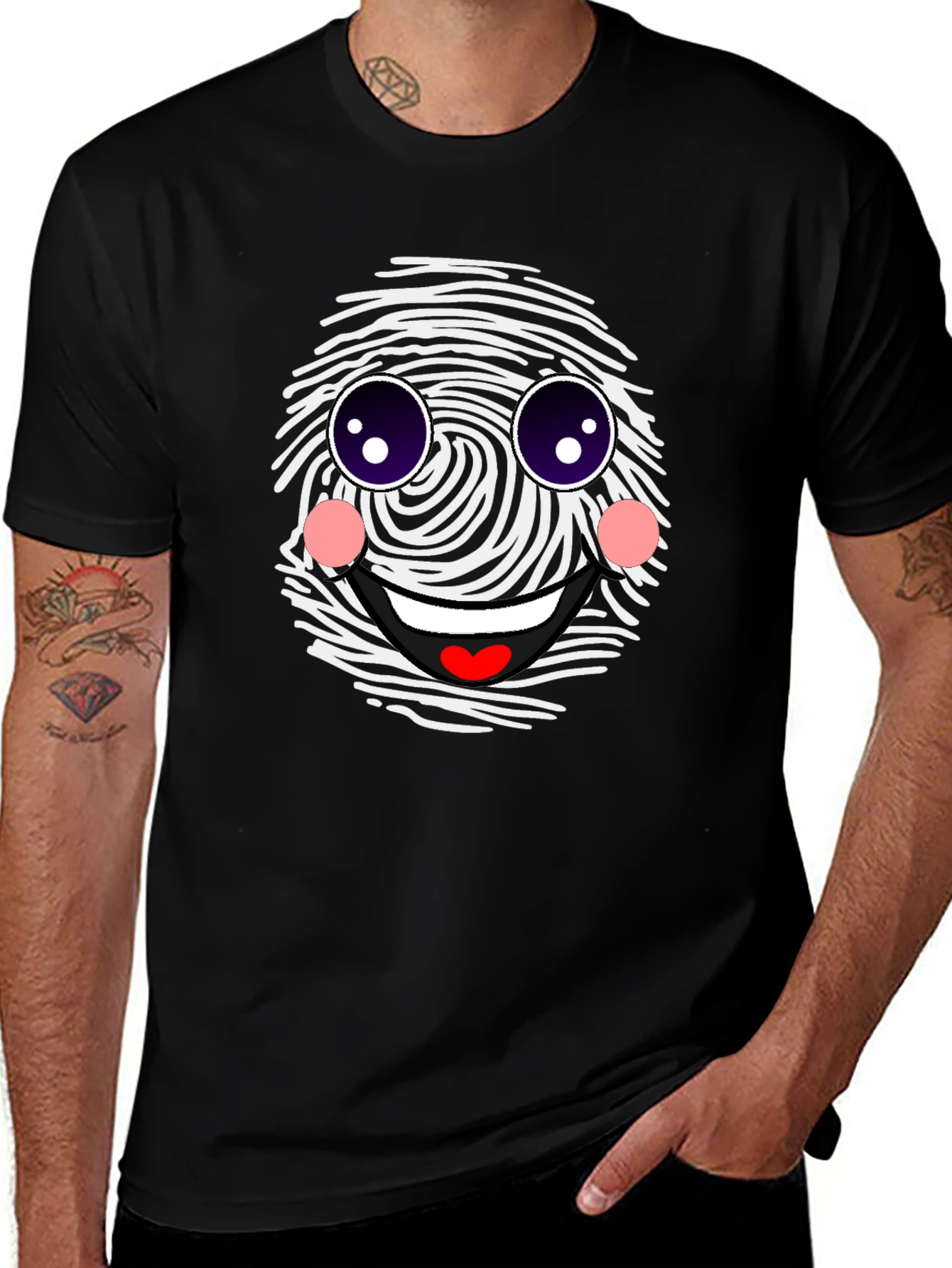 Funny Fingerprint Face Graphic Tee - Black Casual Shirt