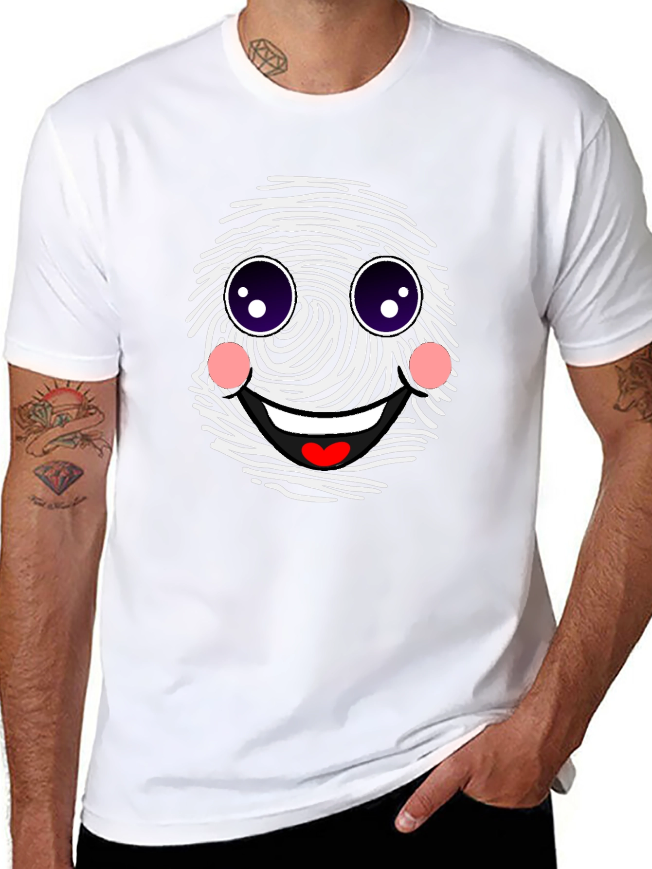Funny Fingerprint Face Graphic Tee - Black Casual Shirt