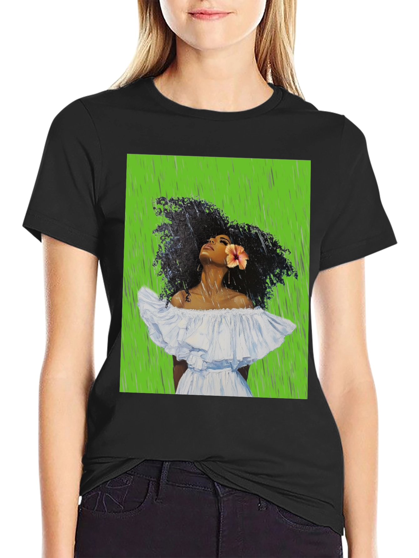 Woman in Rain Graphic Tee - Black Cotton T-Shirt