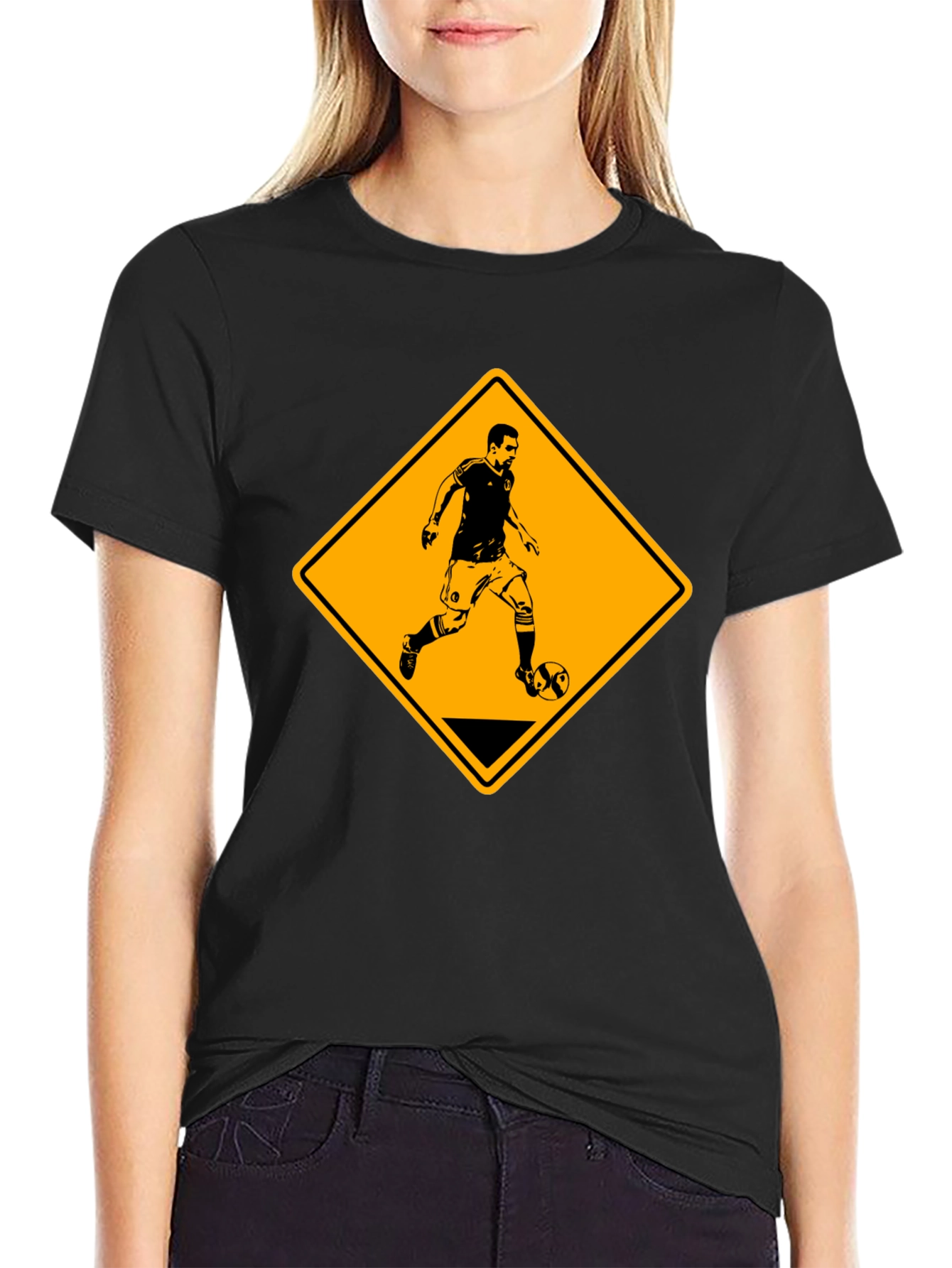 Soccer Player Warning Sign Black Graphic Tee