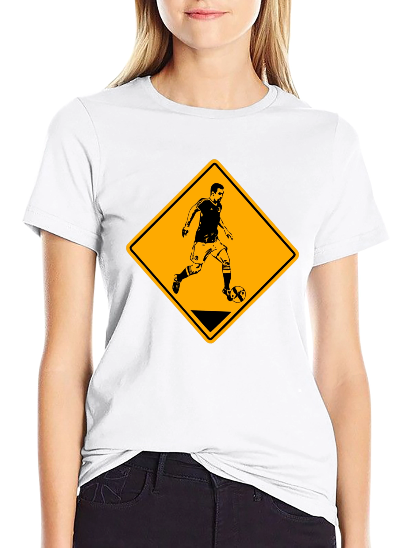 Soccer Player Warning Sign Black Graphic Tee