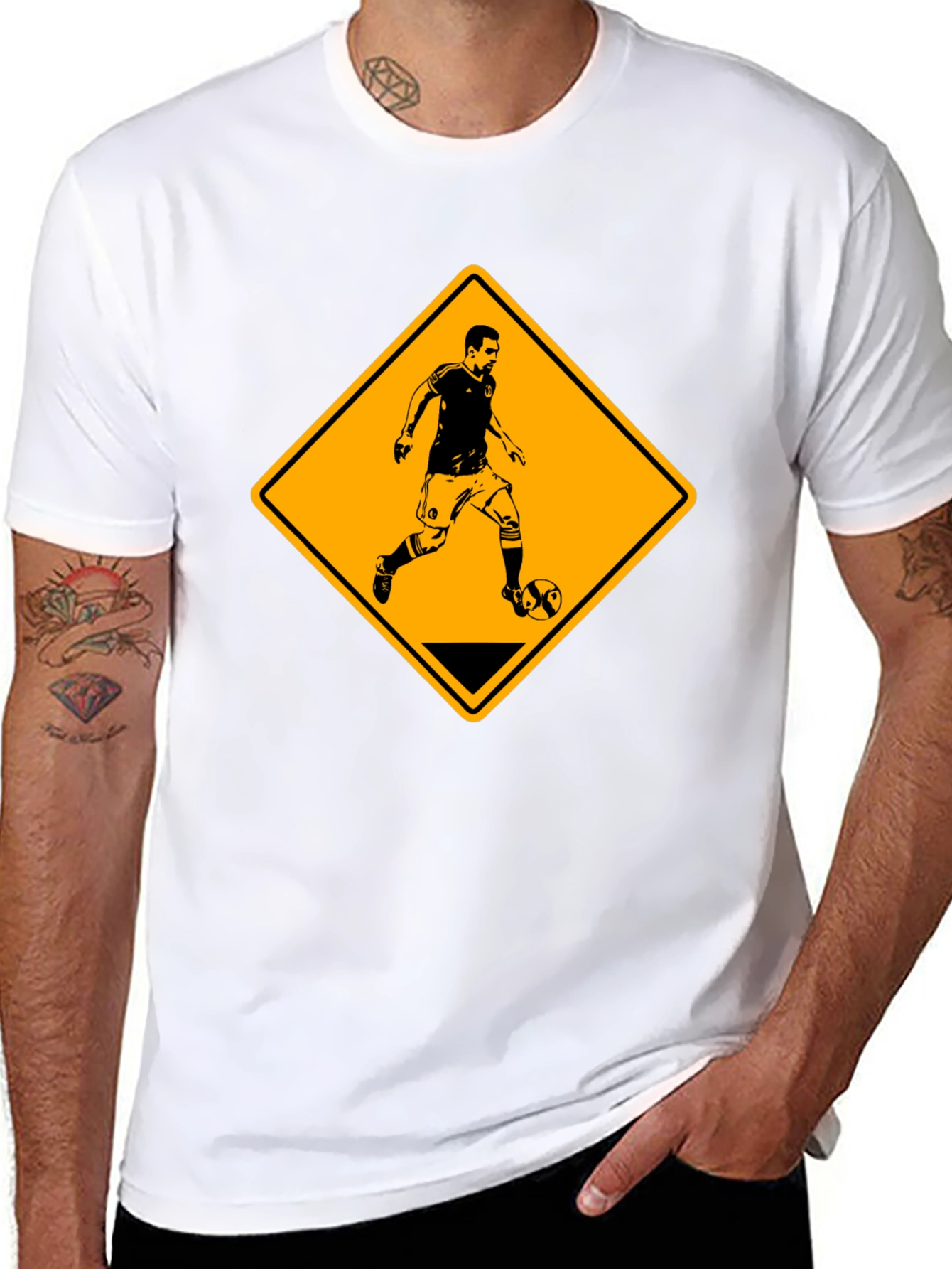 Soccer Player Warning Sign Black Graphic Tee