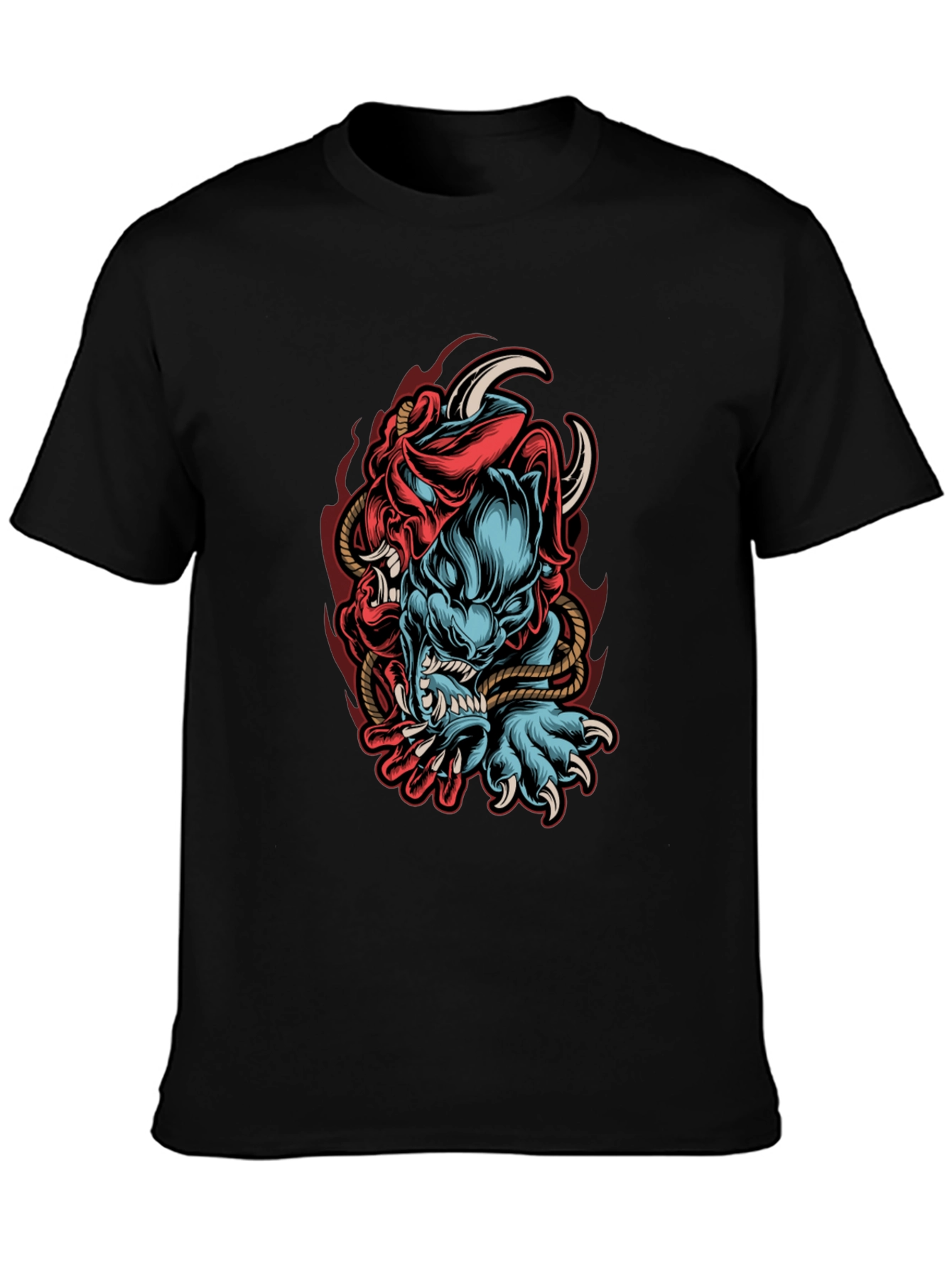 Mens Black Graphic Tee - Oni Demon Design