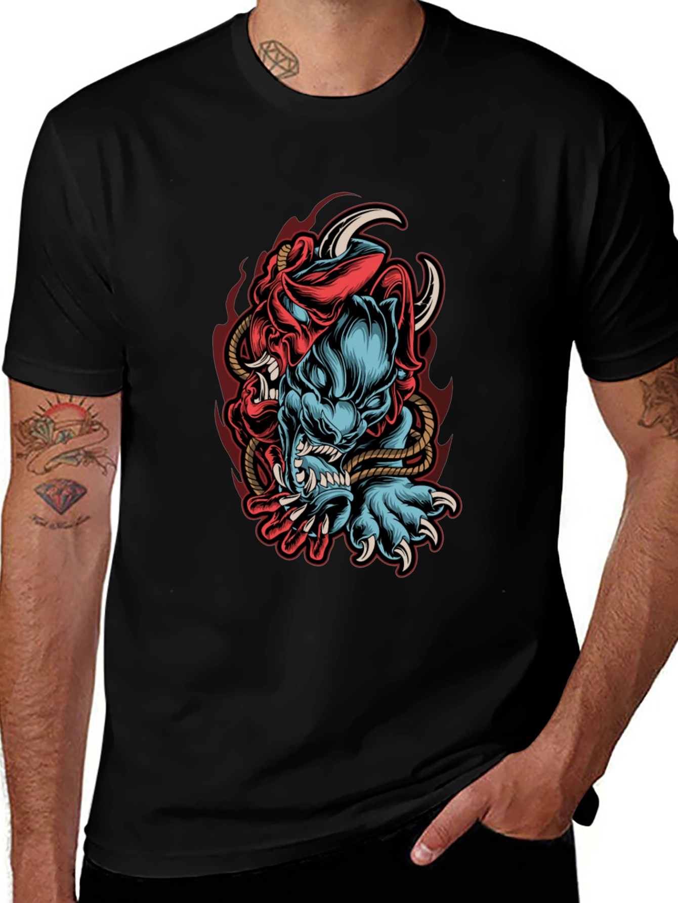 Mens Black Graphic Tee - Oni Demon Design
