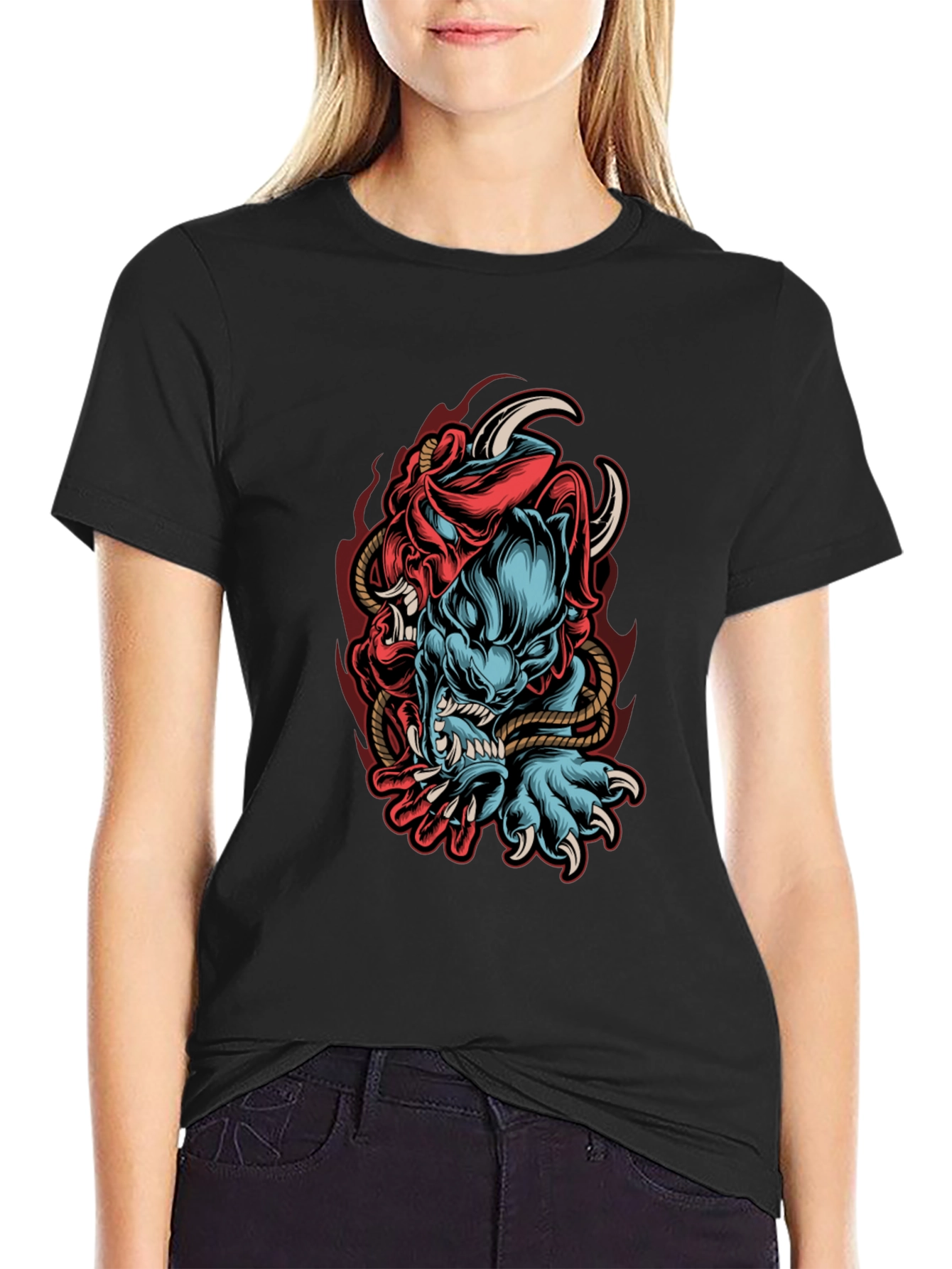 Mens Black Graphic Tee - Oni Demon Design