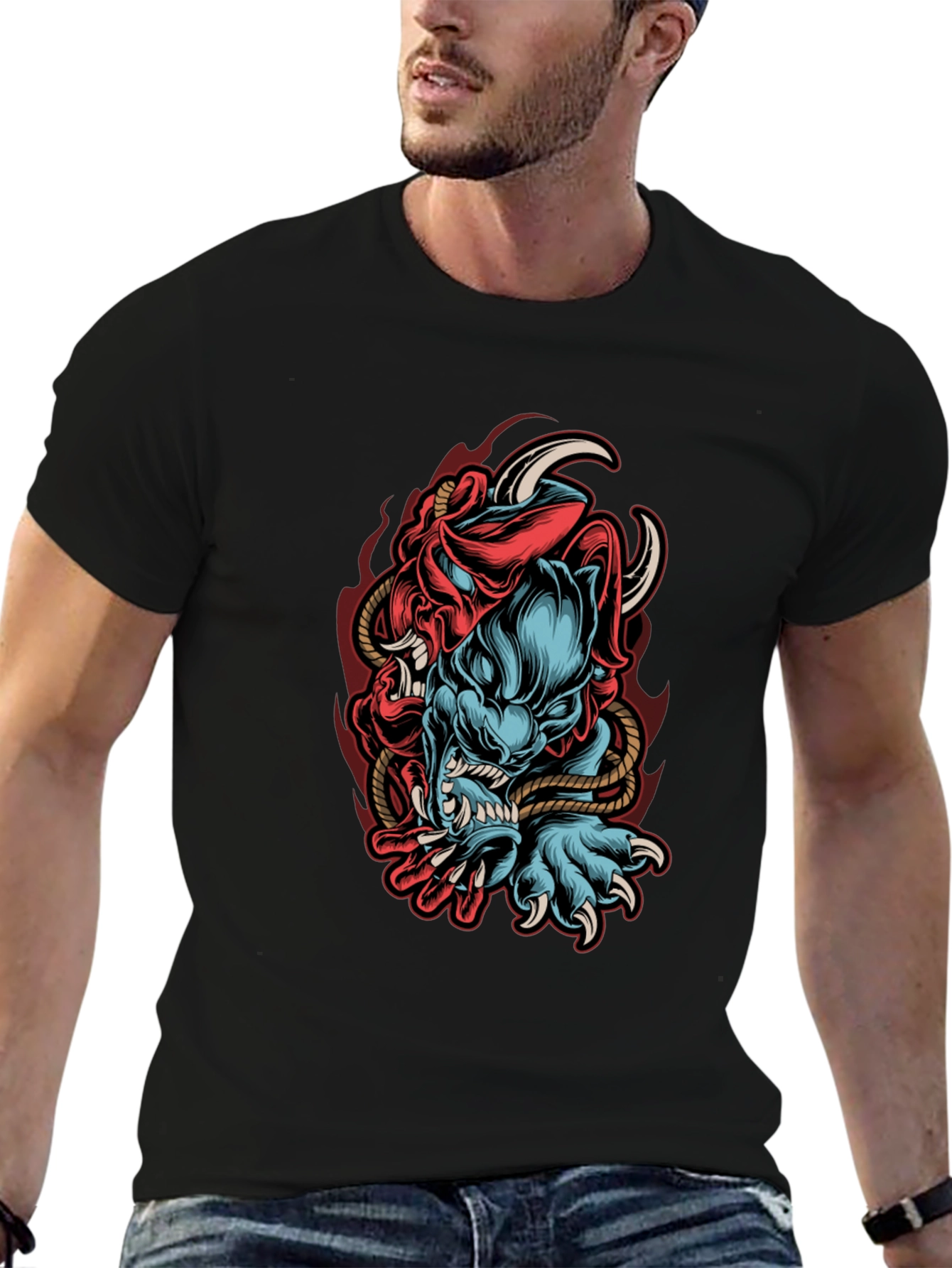 Mens Black Graphic Tee - Oni Demon Design