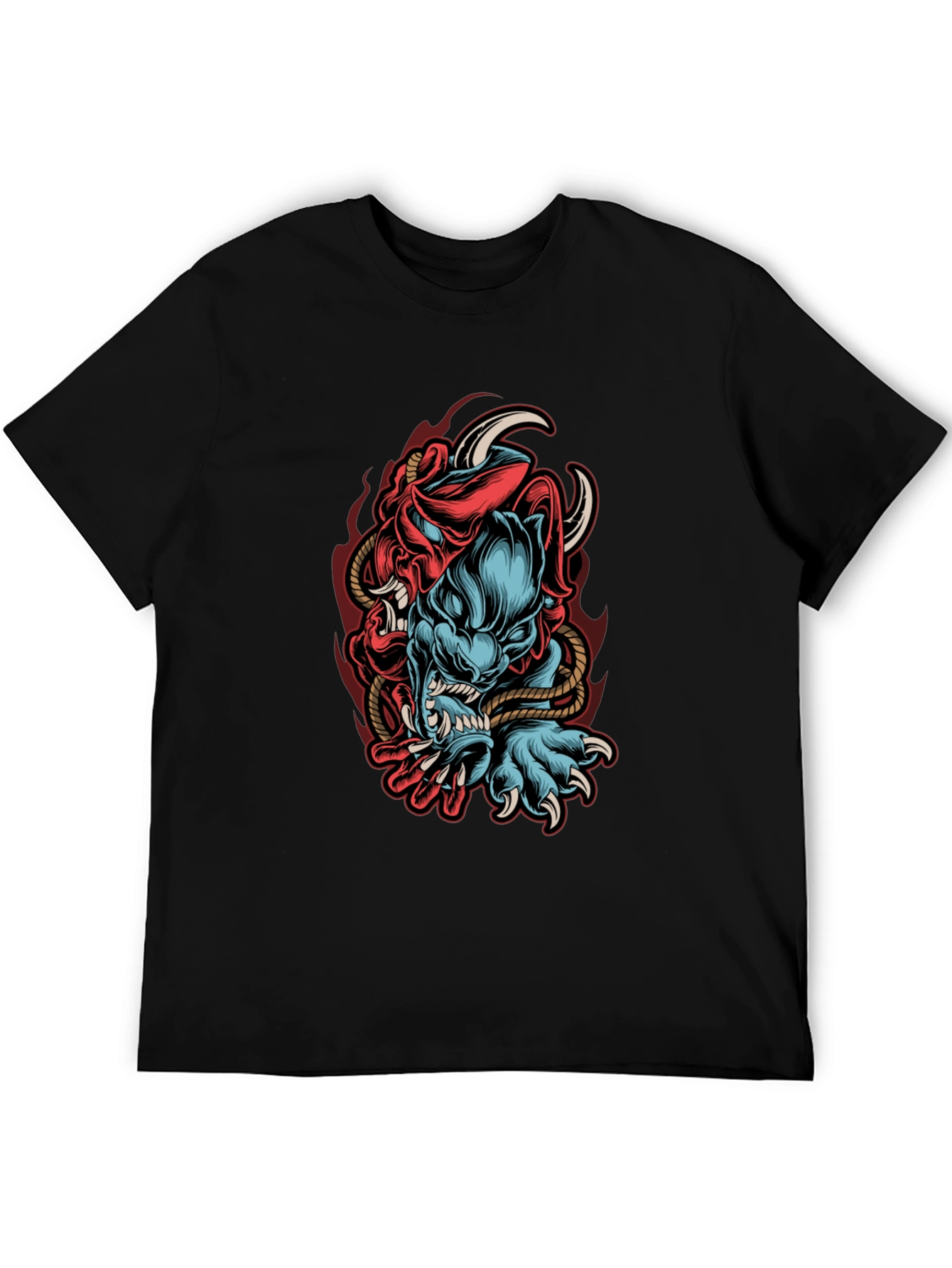 Mens Black Graphic Tee - Oni Demon Design