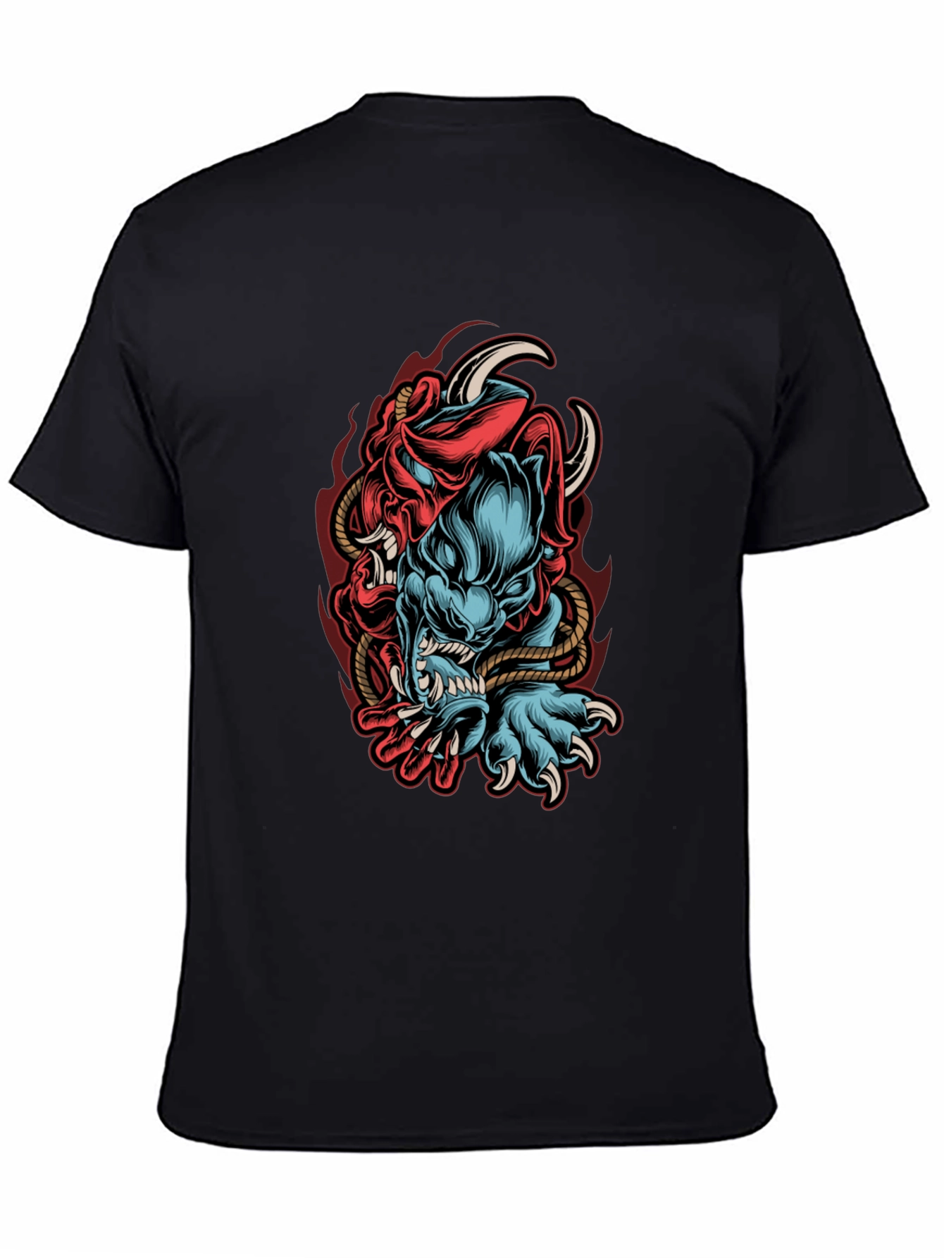 Mens Black Graphic Tee - Oni Demon Design