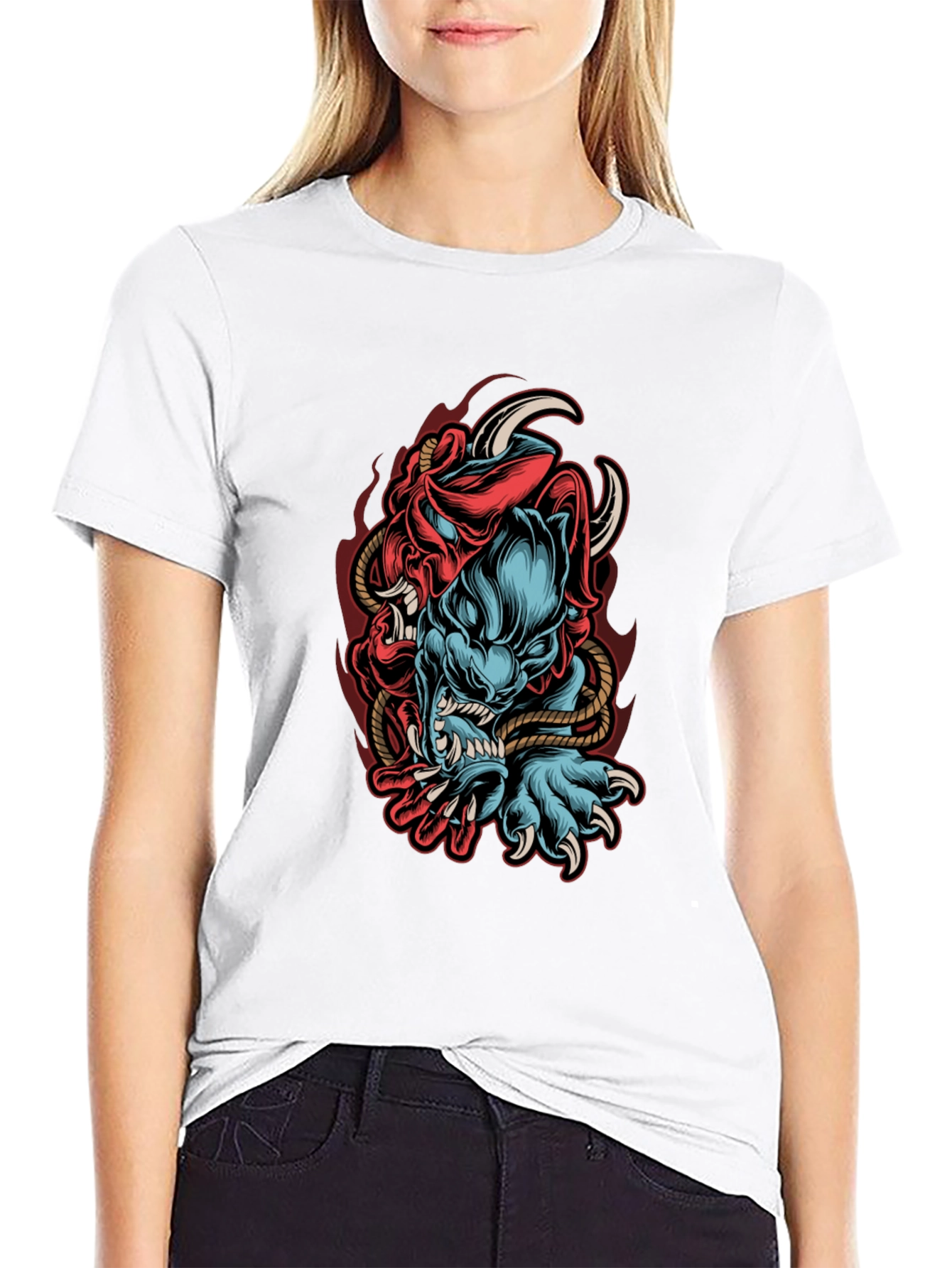 Mens Black Graphic Tee - Oni Demon Design