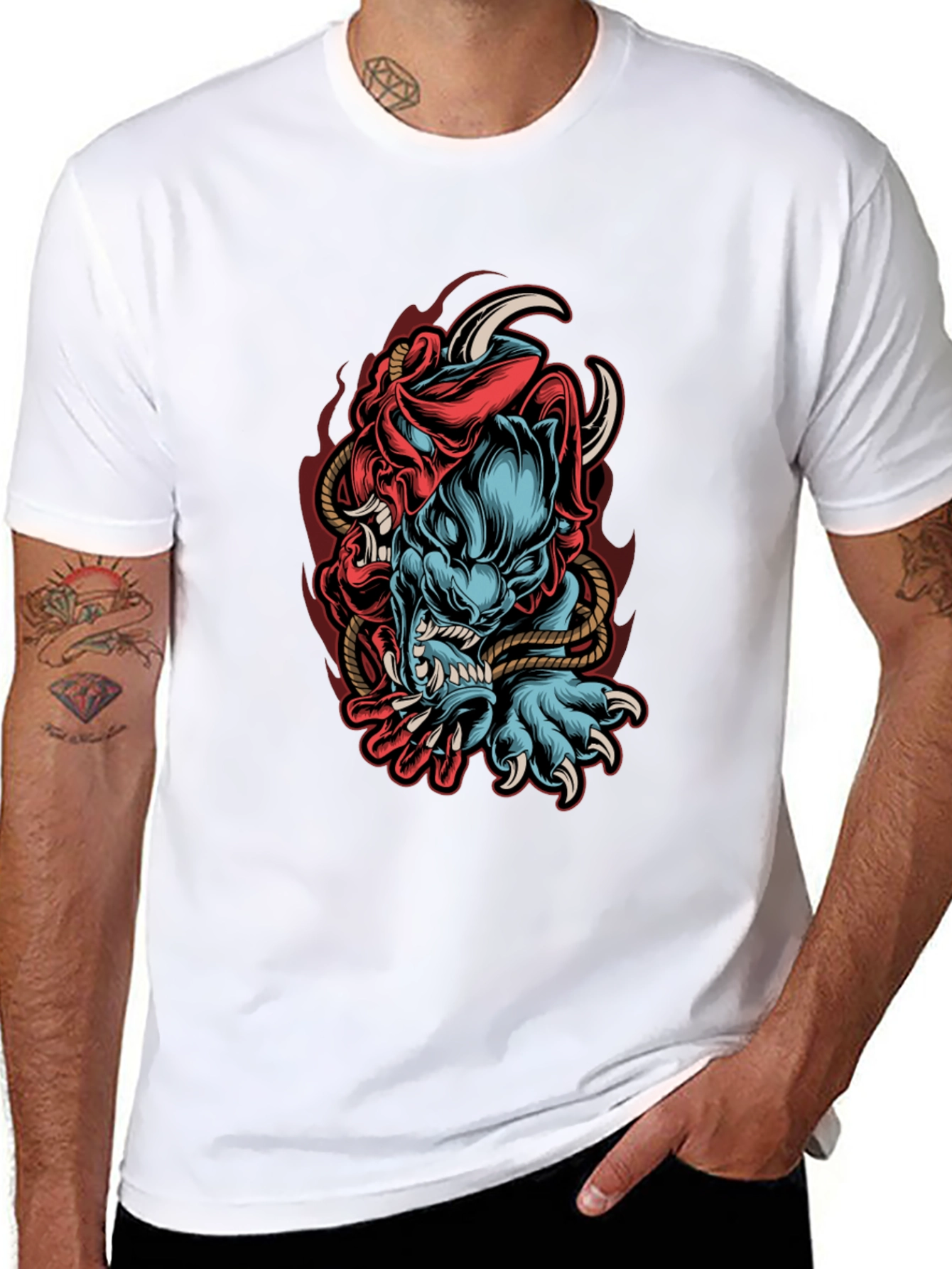 Mens Black Graphic Tee - Oni Demon Design