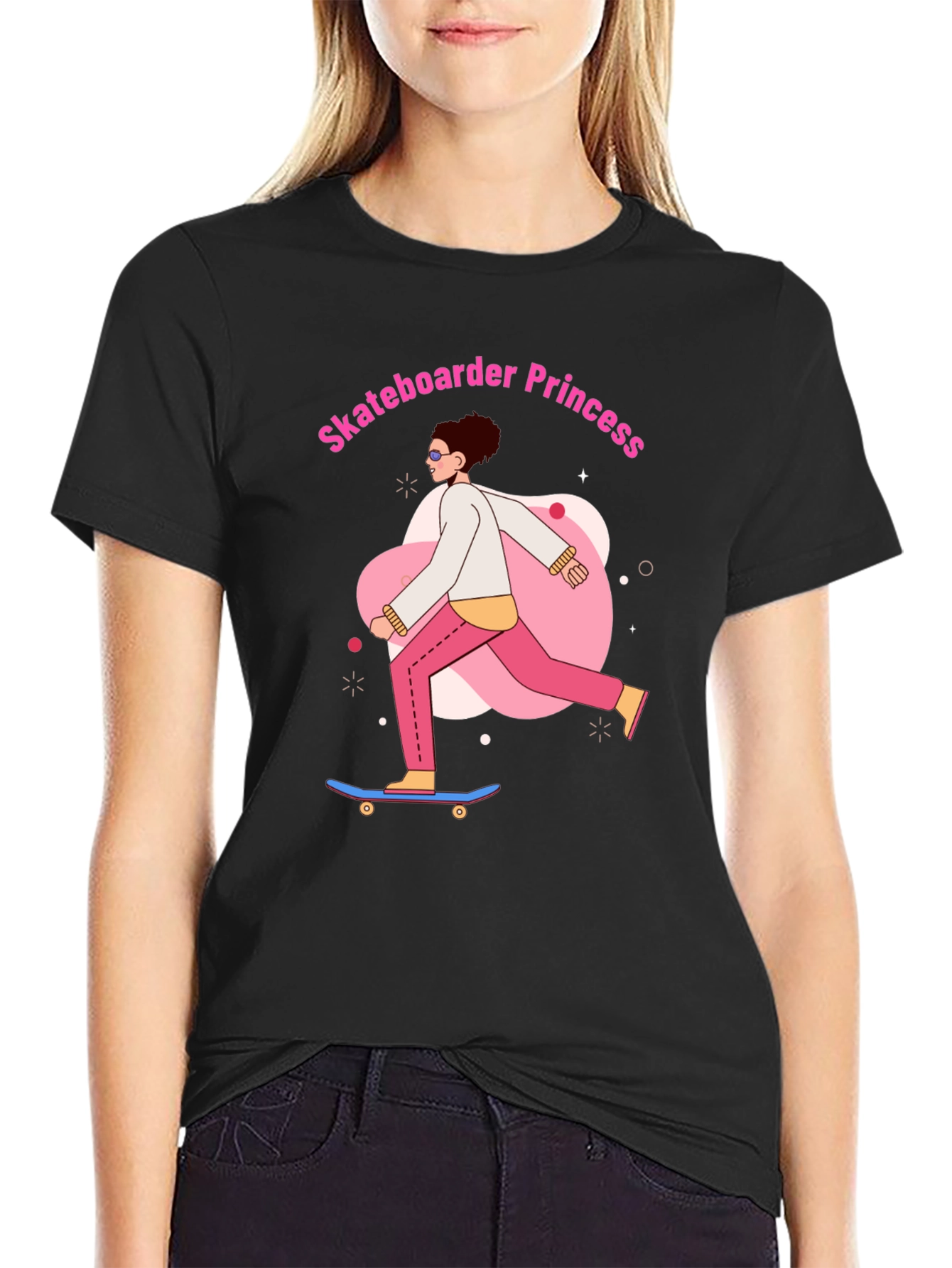 Skateboarder Princess Graphic Tee - Black Cotton Casual Shirt