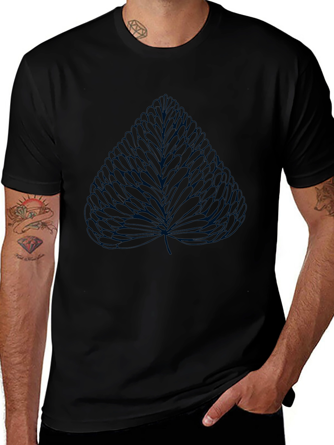 Mens Black T-Shirt with Leaf Design