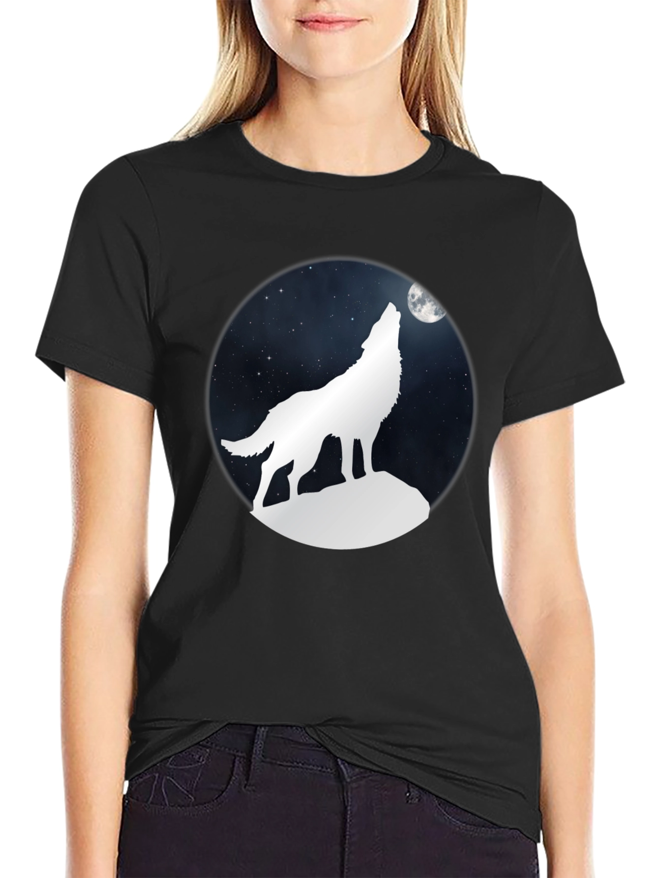 Wolf Howling at Moon Graphic Tee - Black