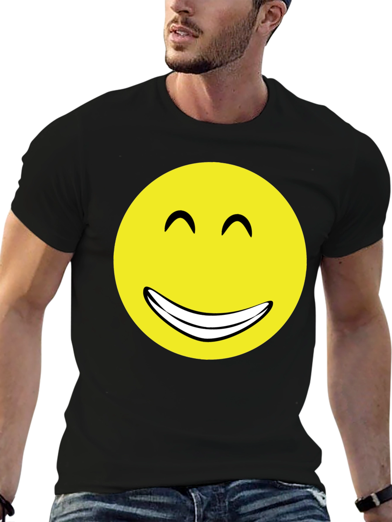 Smiley Face Graphic Tee - Black Cotton T-Shirt