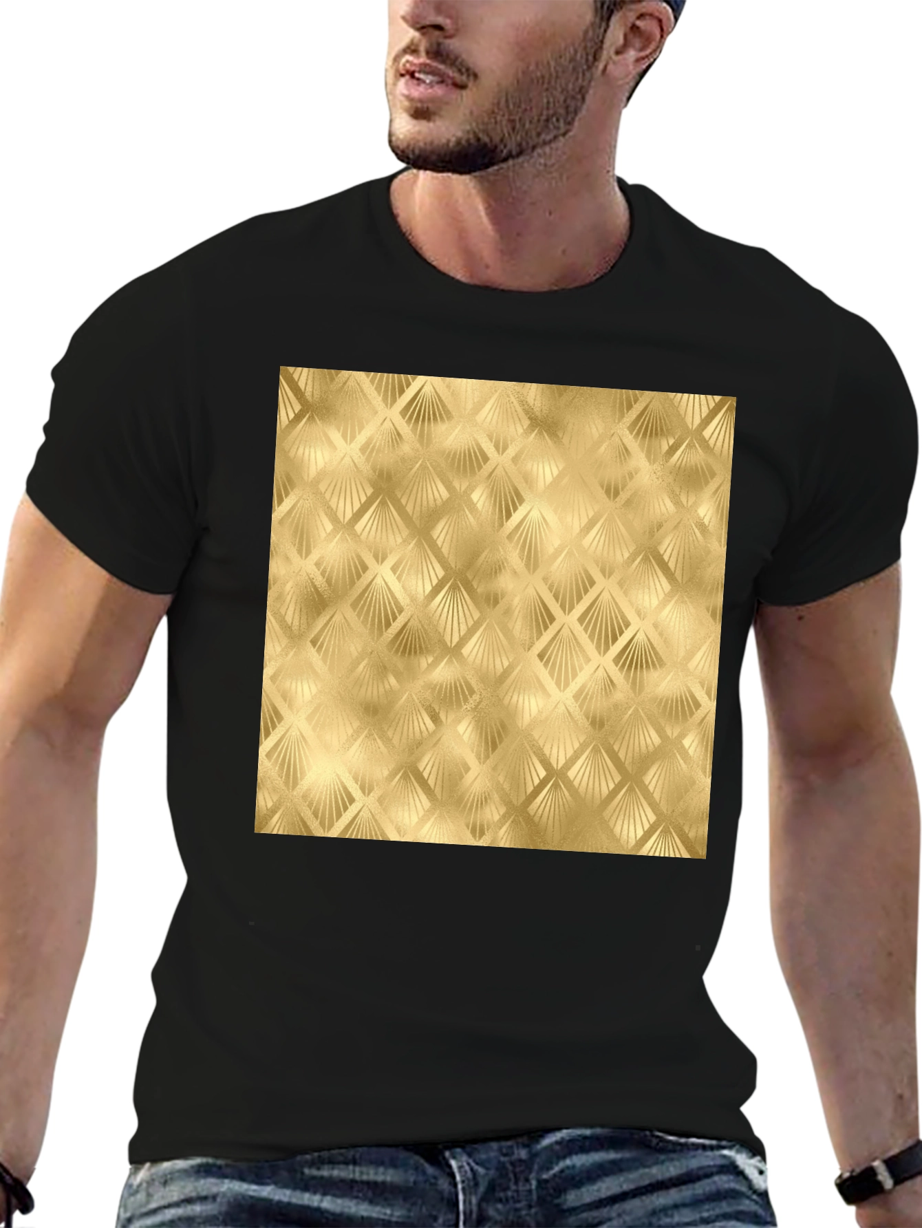 Golden Art Deco Pattern Black T-Shirt