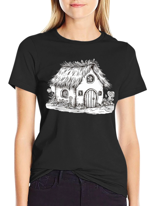 Whimsical Cottage Graphic Tee - Black Cotton T-Shirt