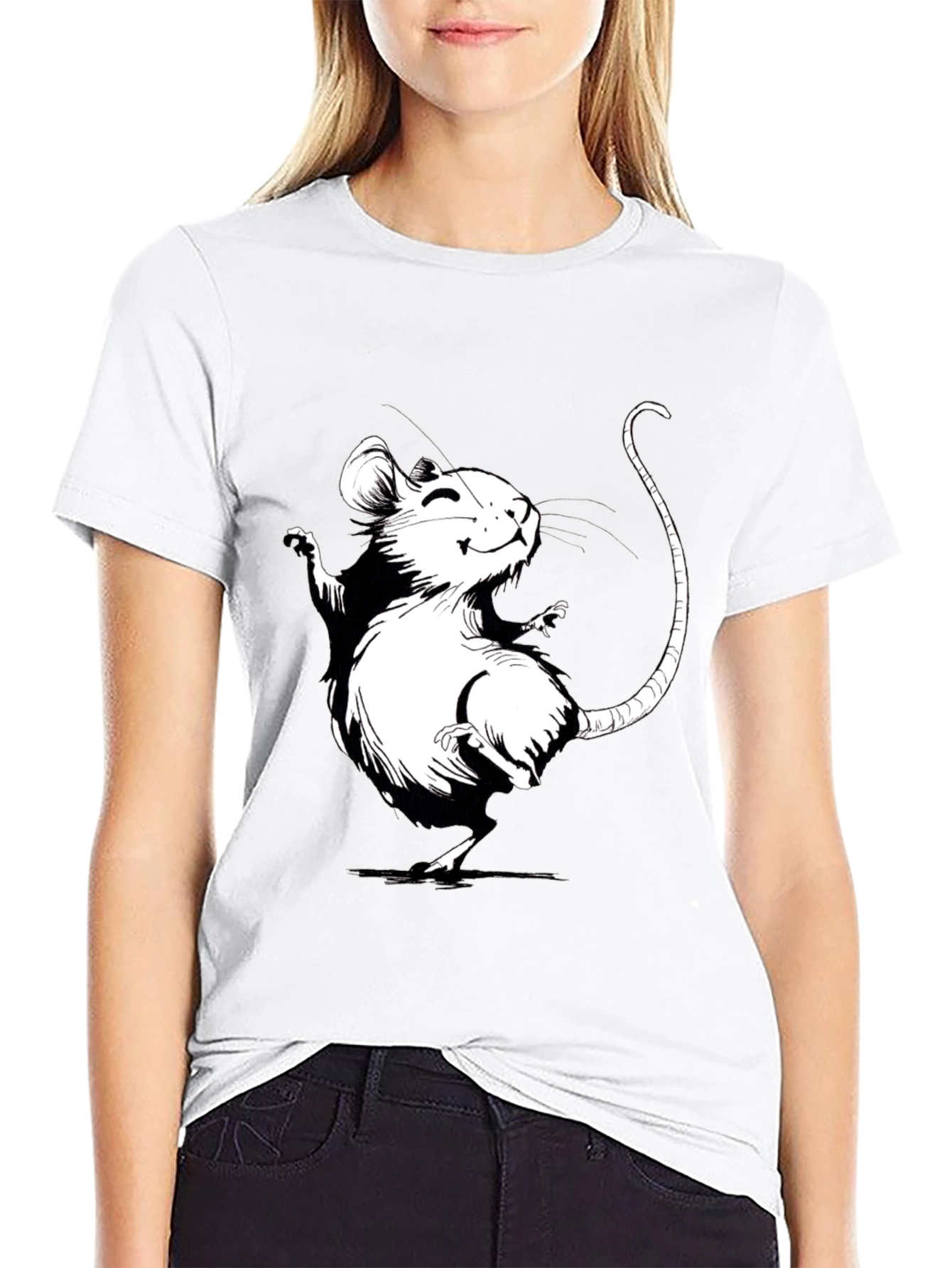 Cartoon Mouse Graphic Tee - Black Cotton T-Shirt