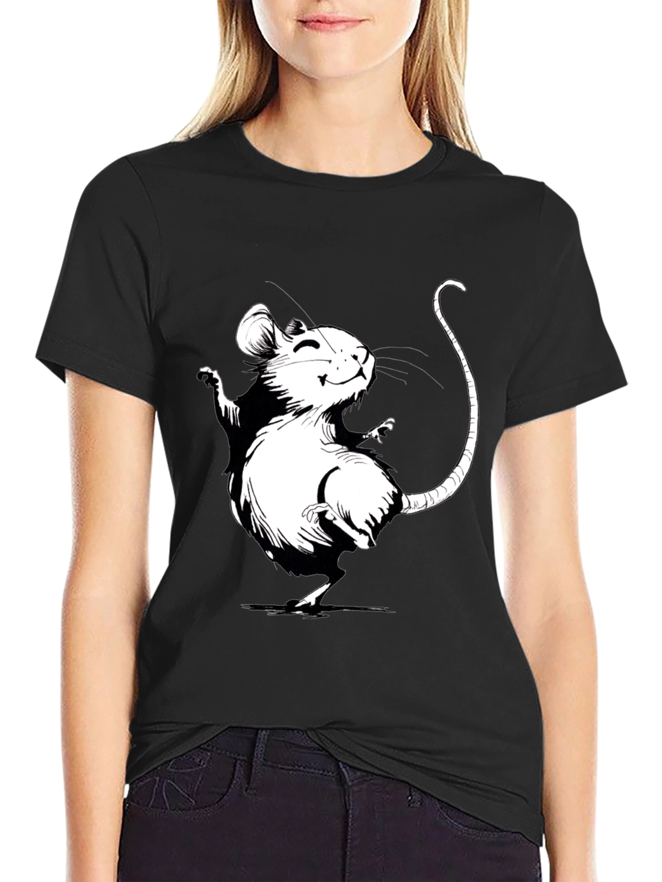 Cartoon Mouse Graphic Tee - Black Cotton T-Shirt