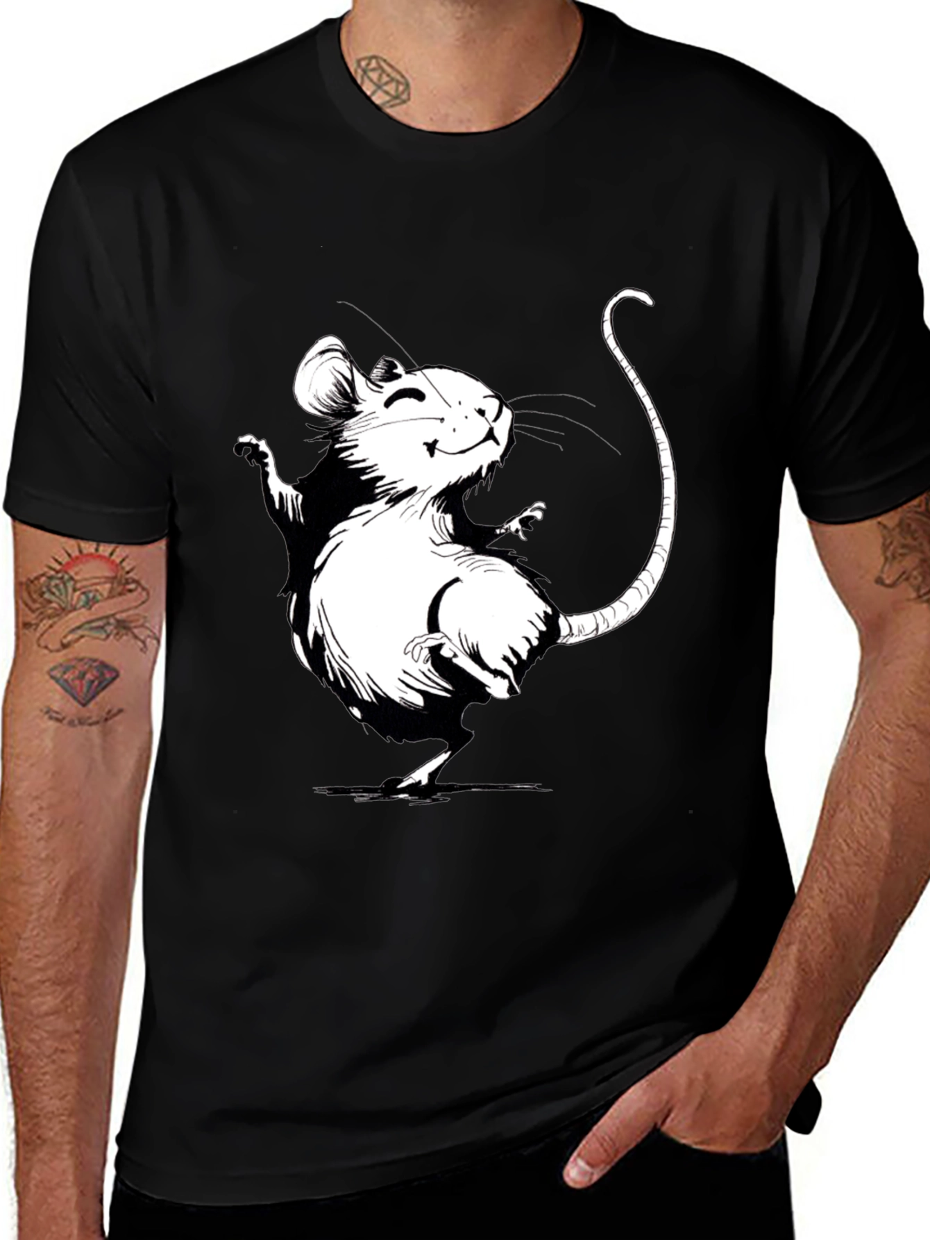Cartoon Mouse Graphic Tee - Black Cotton T-Shirt
