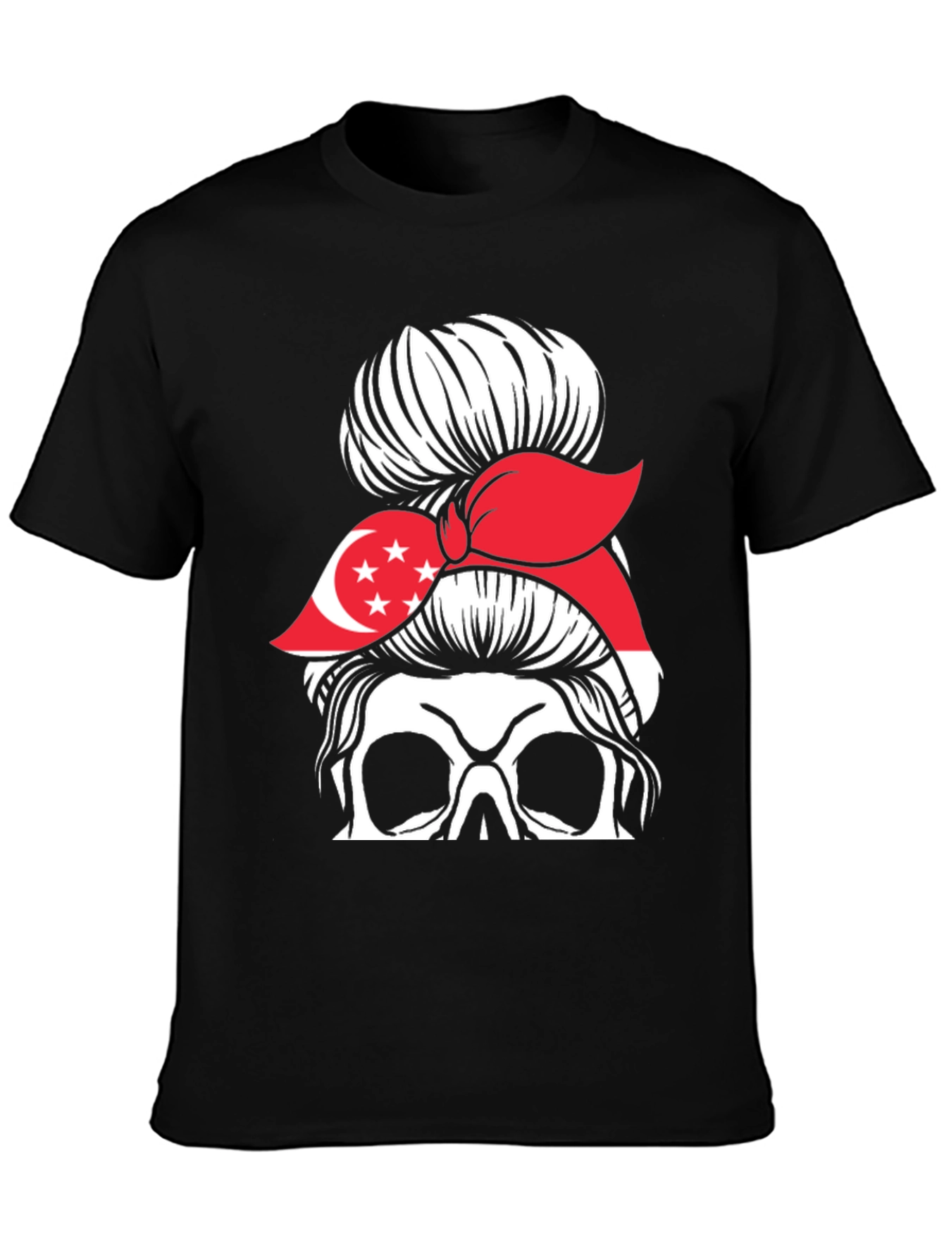 Singapore Flag Skull Messy Bun T-Shirt