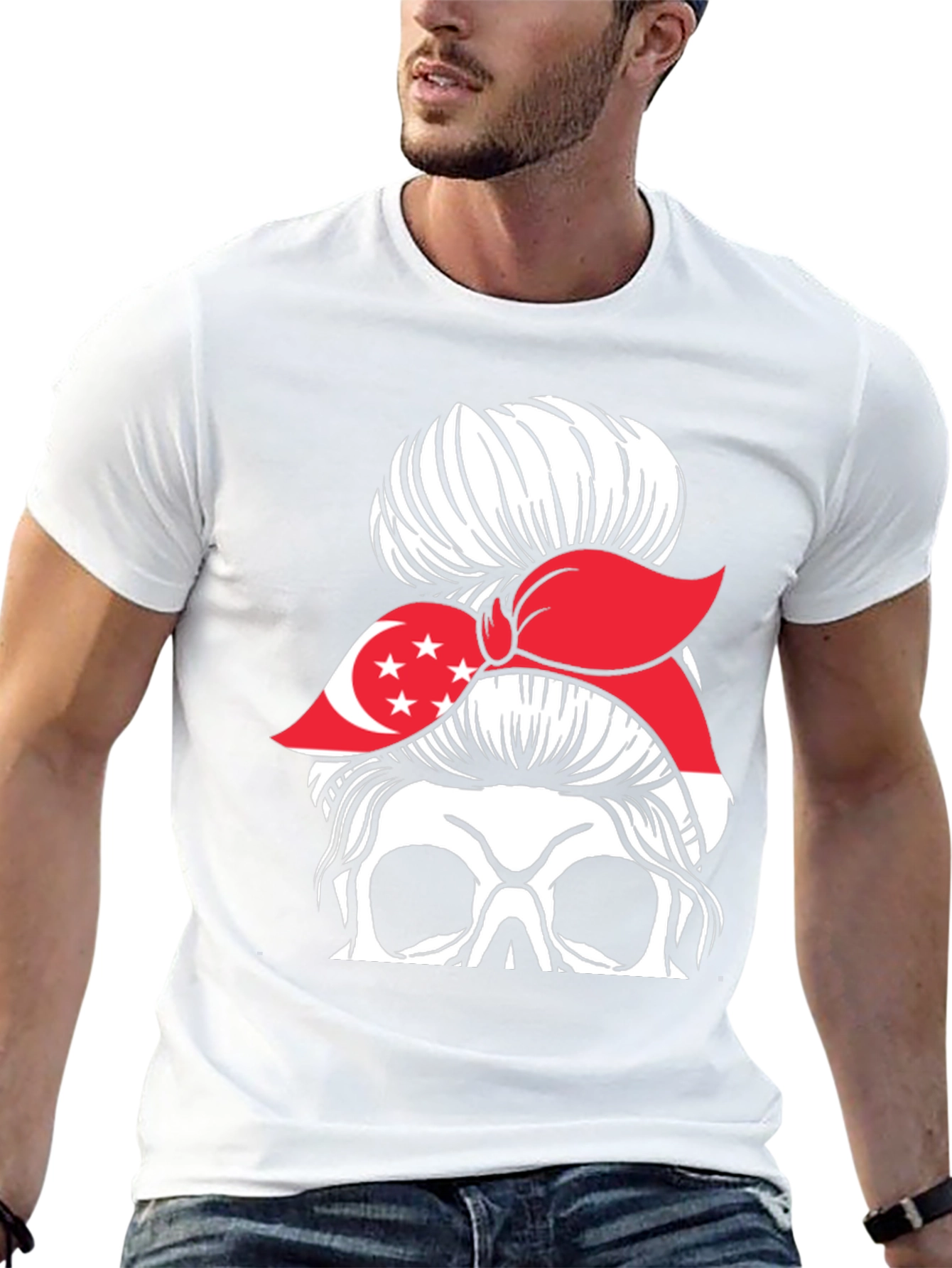 Singapore Flag Skull Messy Bun T-Shirt