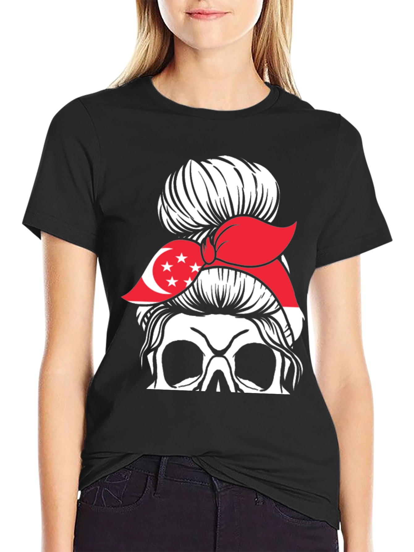 Singapore Flag Skull Messy Bun T-Shirt