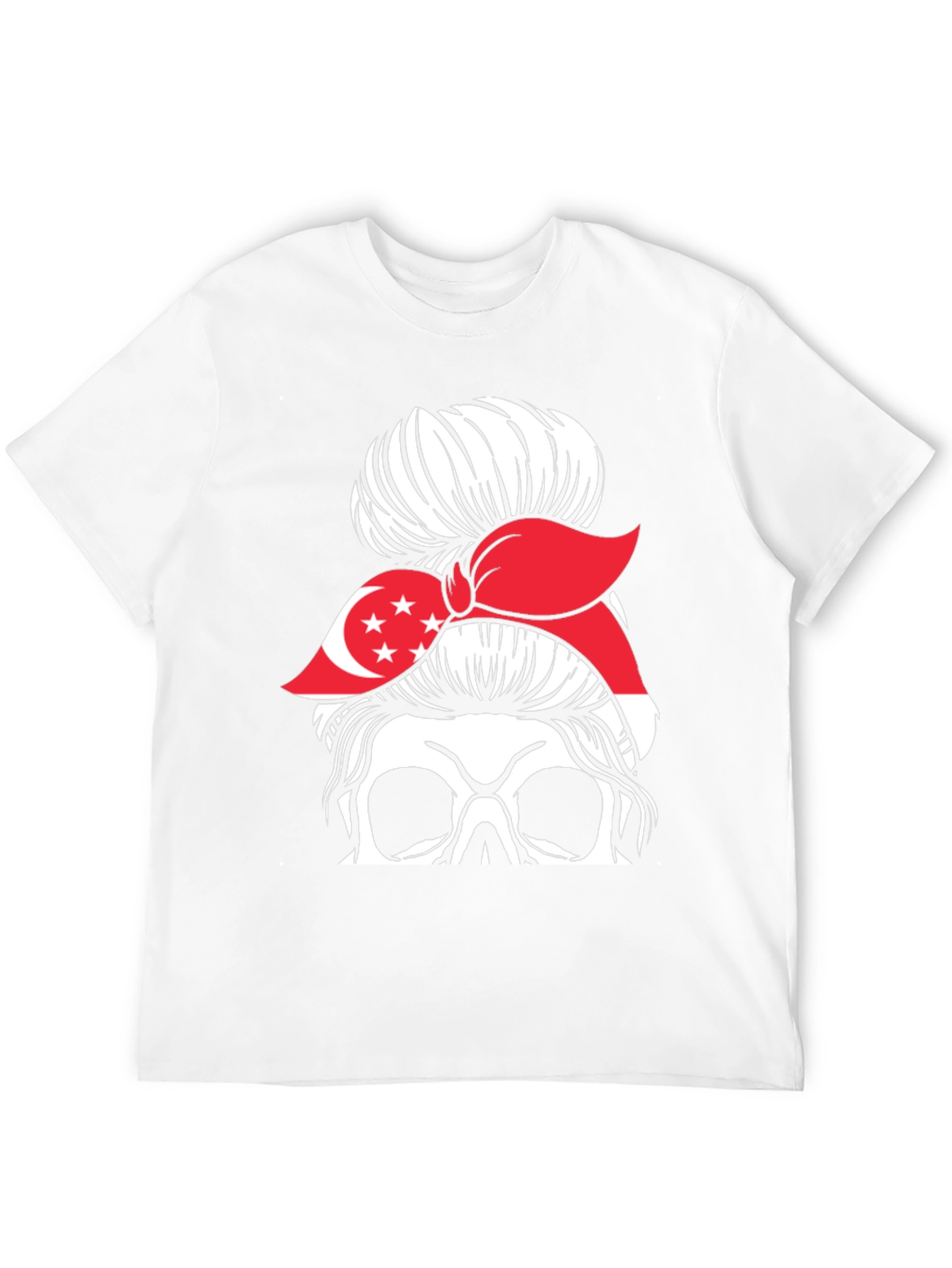 Singapore Flag Skull Messy Bun T-Shirt
