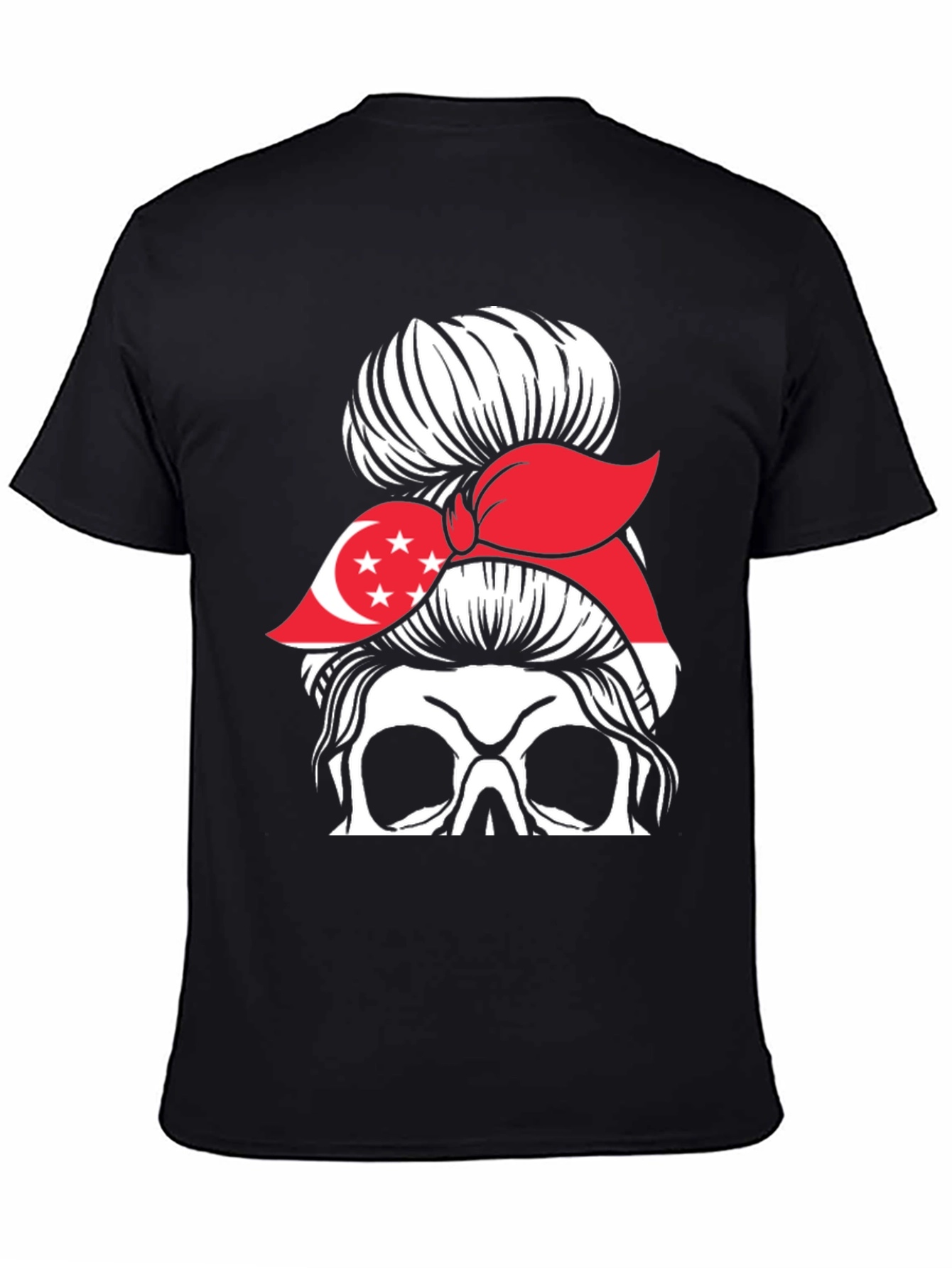 Singapore Flag Skull Messy Bun T-Shirt
