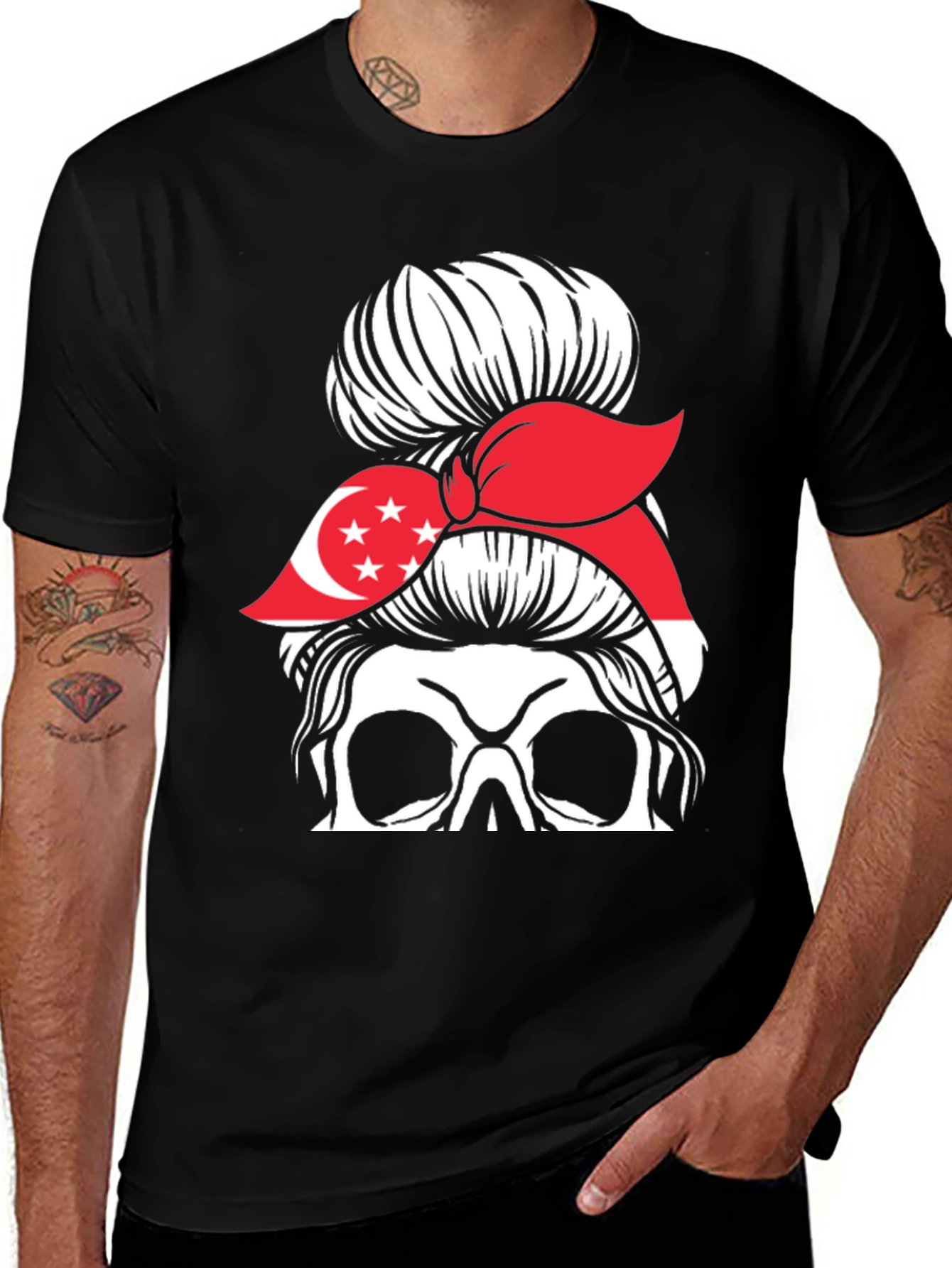 Singapore Flag Skull Messy Bun T-Shirt