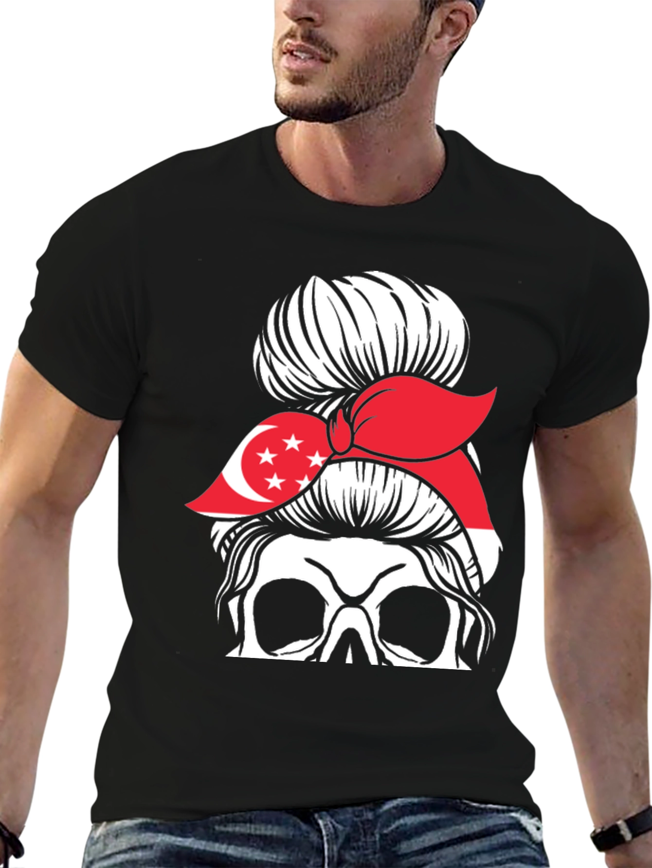 Singapore Flag Skull Messy Bun T-Shirt