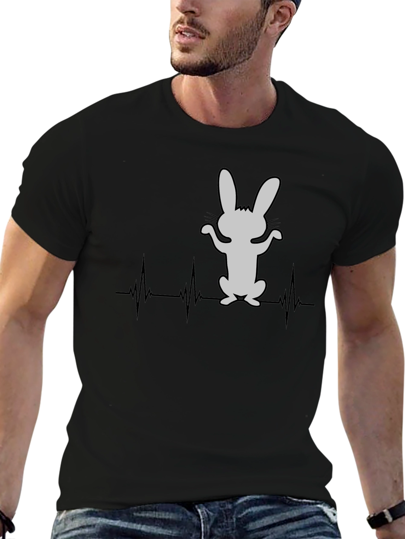 Rabbit Heartbeat T-Shirt - Mens Black Cotton Tee