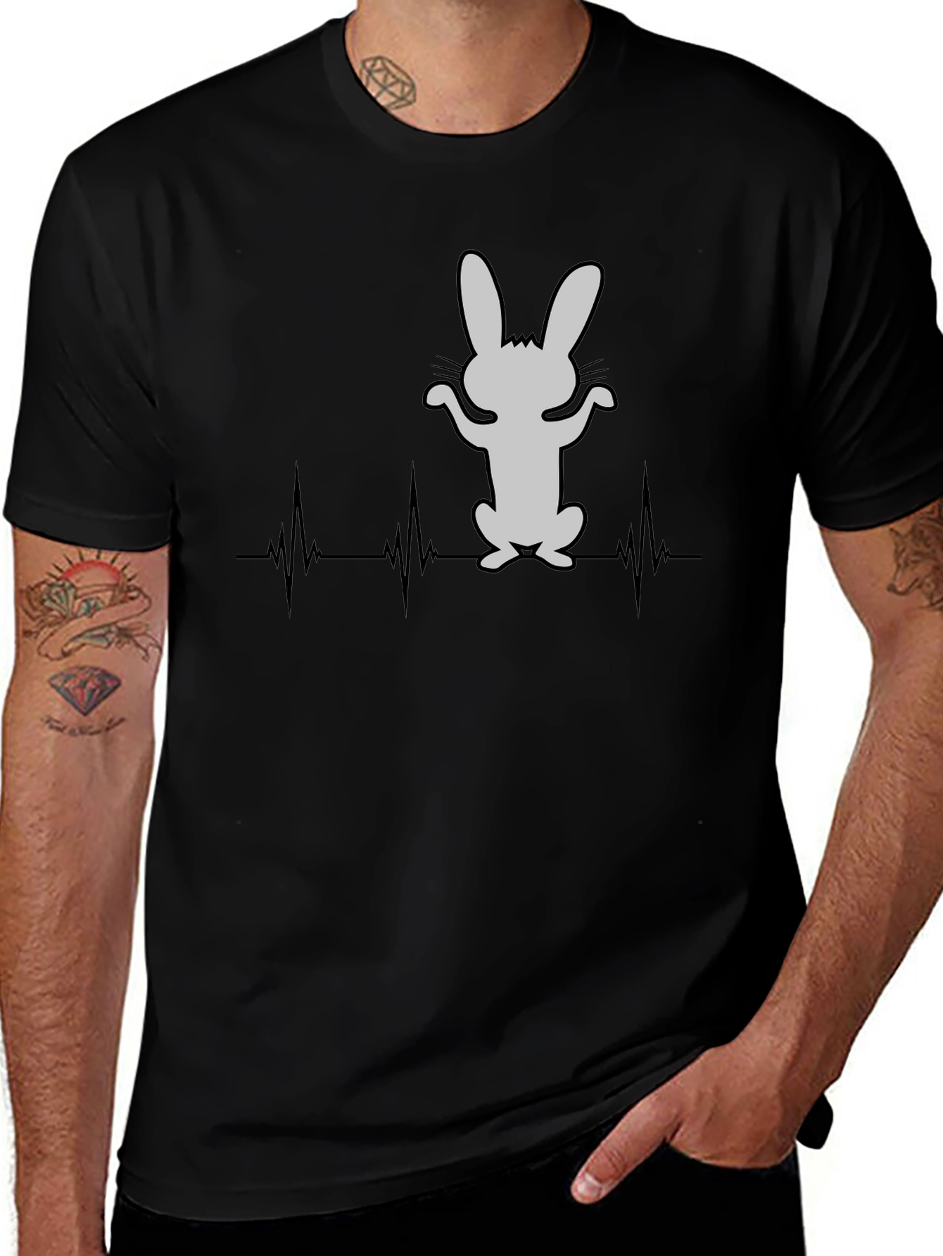 Rabbit Heartbeat T-Shirt - Mens Black Cotton Tee