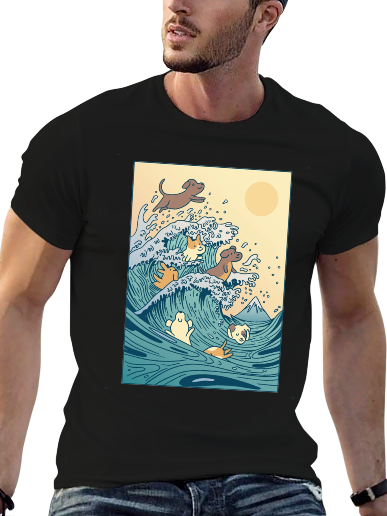 Dogs Surfing Wave Black T-Shirt