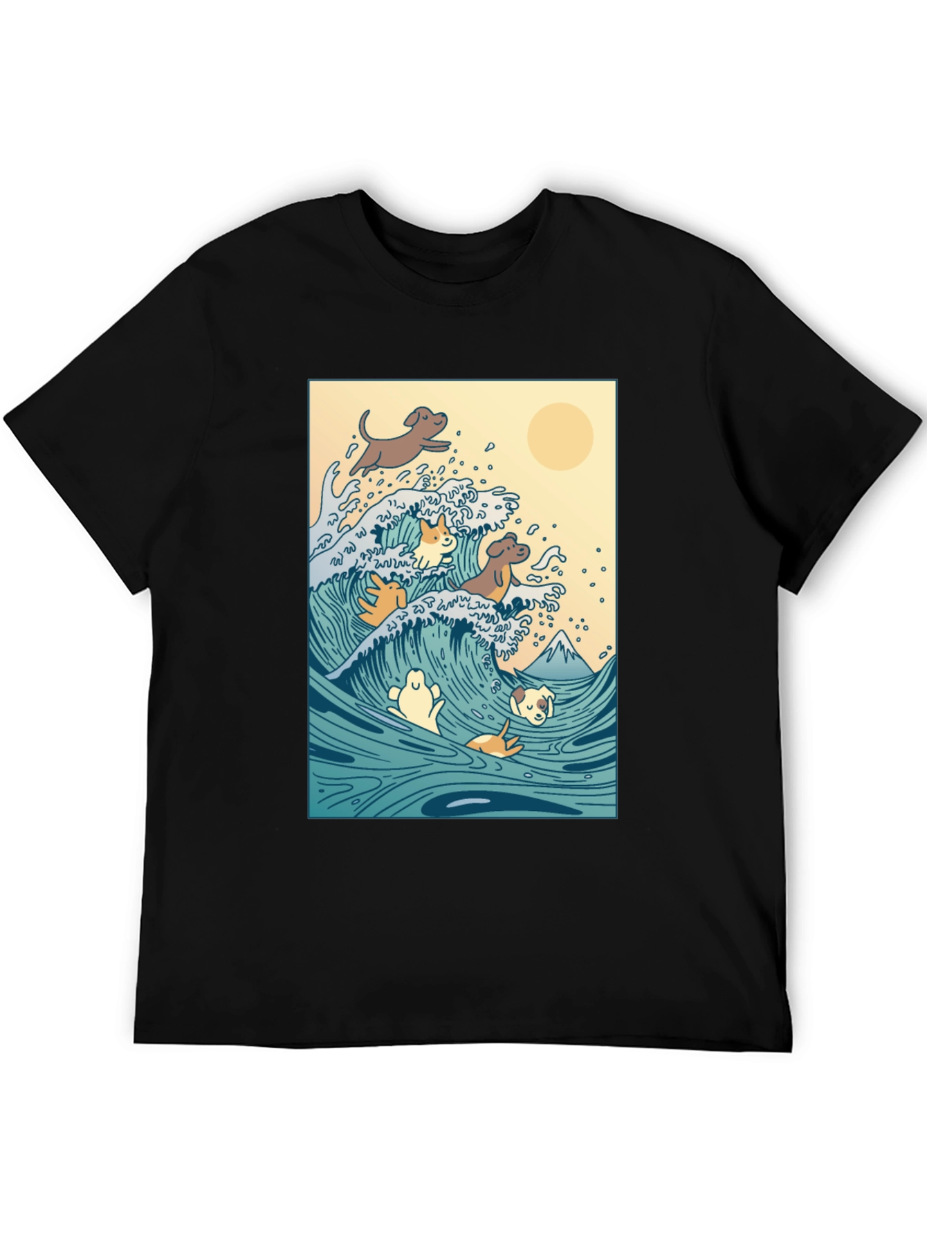 Dogs Surfing Wave Black T-Shirt